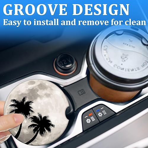 Miniatura 6 de Posavasos para automóvil, palmera con luna llena, paquete de 2 absorbentes para portavasos, inserto antideslizante universal de cerámica absorbente