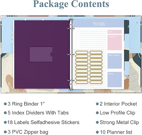 Miniatura 10 de Carpeta de 3 anillos, carpeta de anillos redondos de 1 pulgada con portapapeles, pestañas divisoras, fundas de PVC con cremallera y planificadores