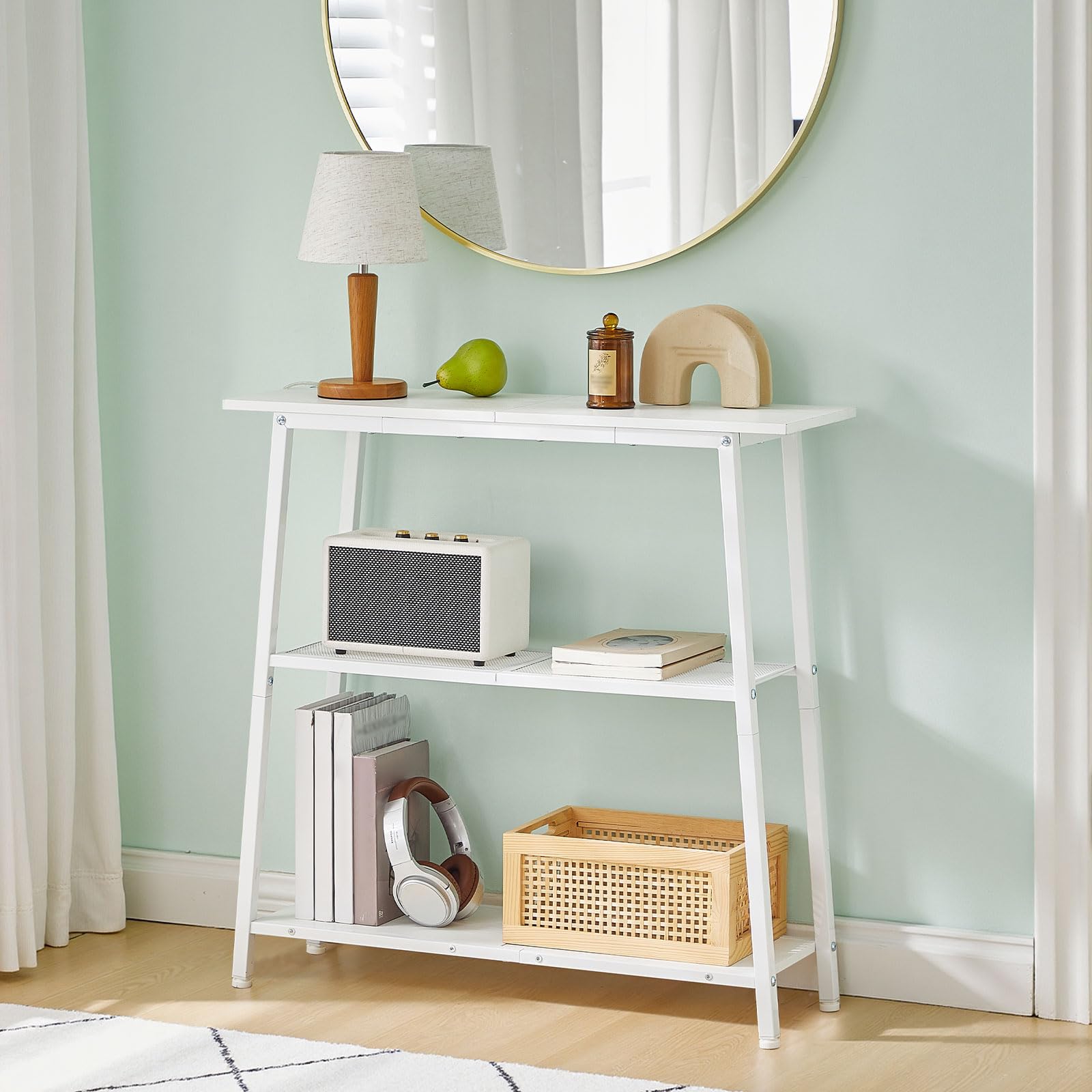 HOOBRO Table d’Entrée à 3 Niveaux, Console, Table d’Appoint Étroite, Table de Canapé avec Étagères Ouvertes, Petite Table de Réception, pour Entrée, Couloir, Salon, Blanc EWW62XG01