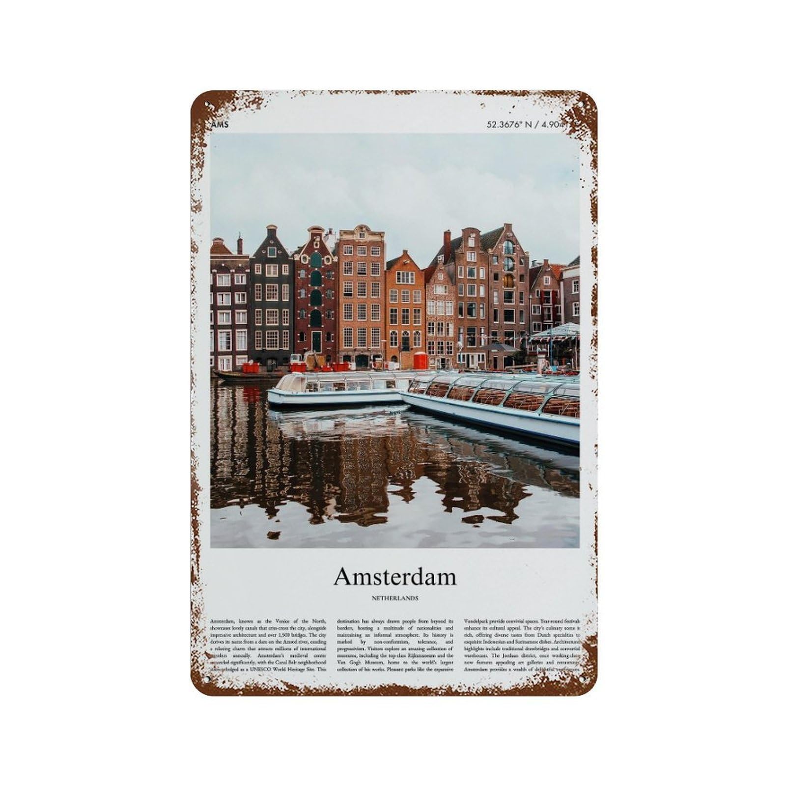 xiaoxiaoshen Amsterdam Netherlands City Scenery Wall Decor Art Metal Tin Poster Modern Home Decor Art Home Bar Shop Decorations Vintage Sign 30x20cm