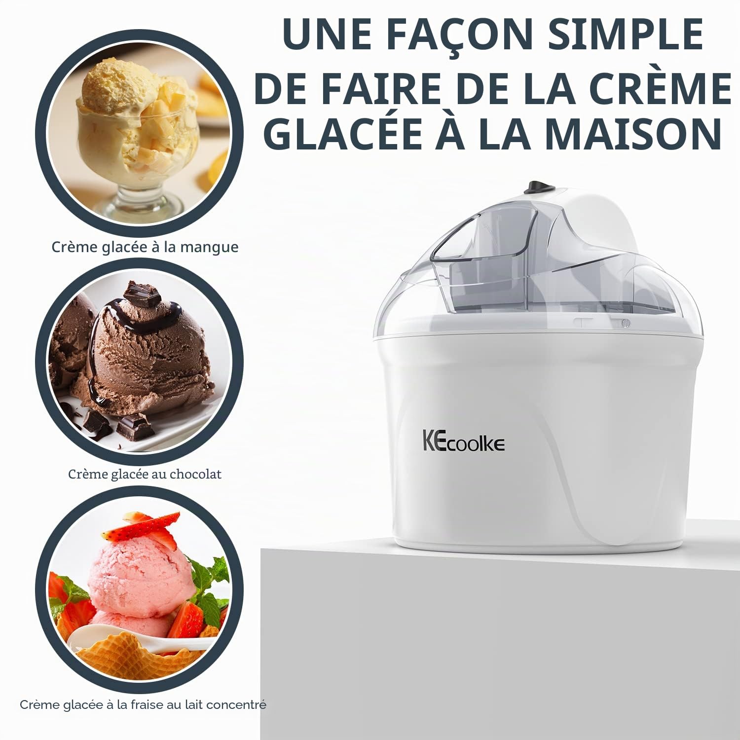 Machine à crème glacée, machine à crème glacée électrique Soft Serve fait maison KECOOLKE Yaourt glacé 1.5 L, sorbet, gelato, Blanc, (SU-562)