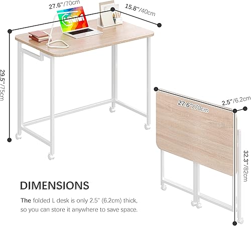 Miniatura 9 de 4NM Escritorio plegable pequeño de 33.5 pulgadas con bolsa de almacenamiento, escritorio de computadora para computadora, escritorio de oficina en