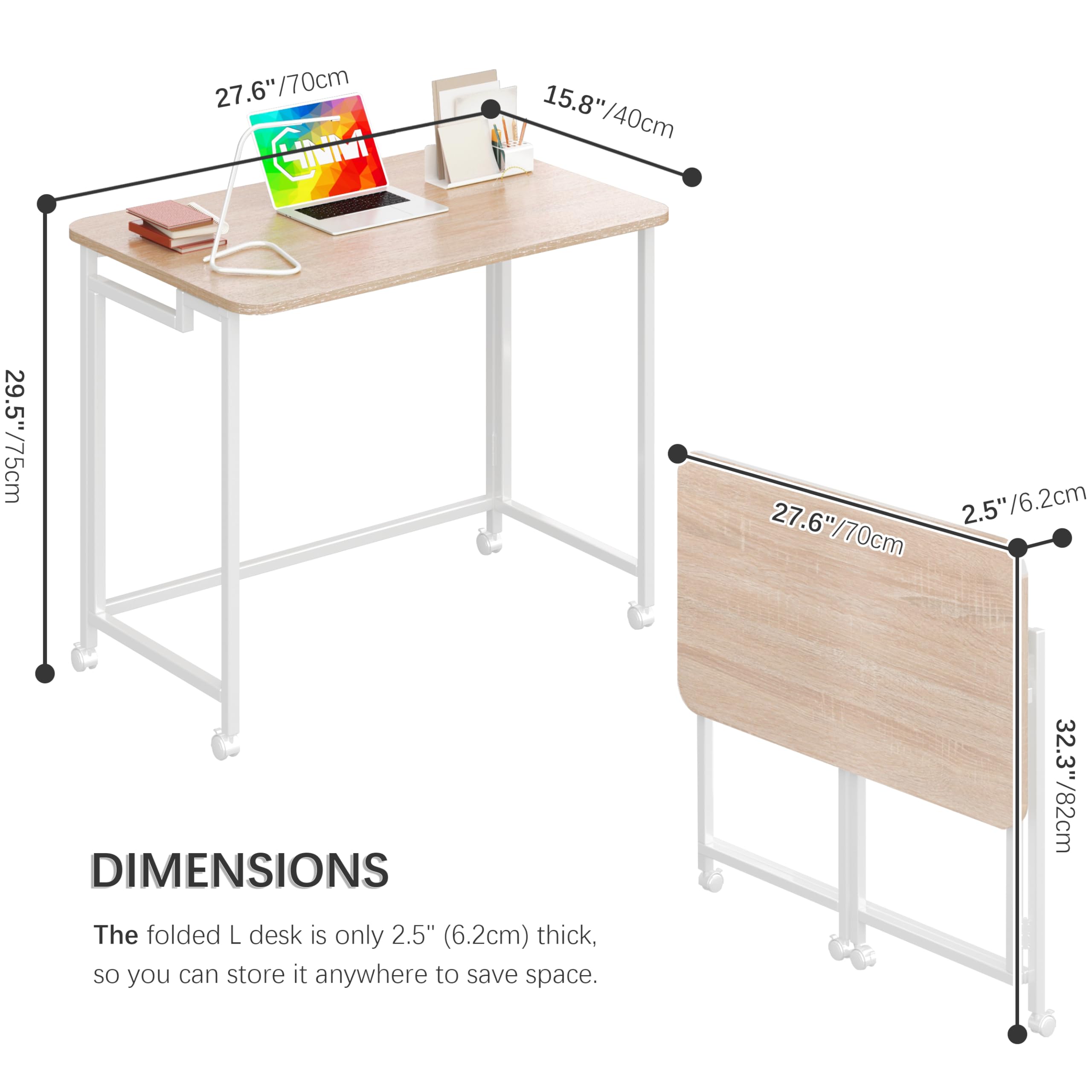 Escritorio móvil pequeño para computadora de 27.5 pulgadas, mesa plegable para computadora portátil con ruedas, escritorio de oficina portátil para sofá cama de espacio pequeño, color natural y 5