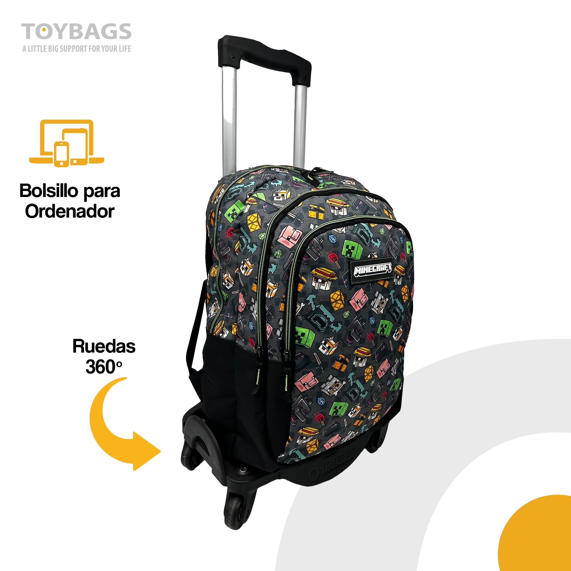 ToyBags Mochila Escolar Minecraft Pixel 25 Doble Compartimento Adaptable con Carro Negro con Protección Lateral y Stoper Frontal Anti Caída 4 Ruedas Giratorias 44 x 30 x 20 cm