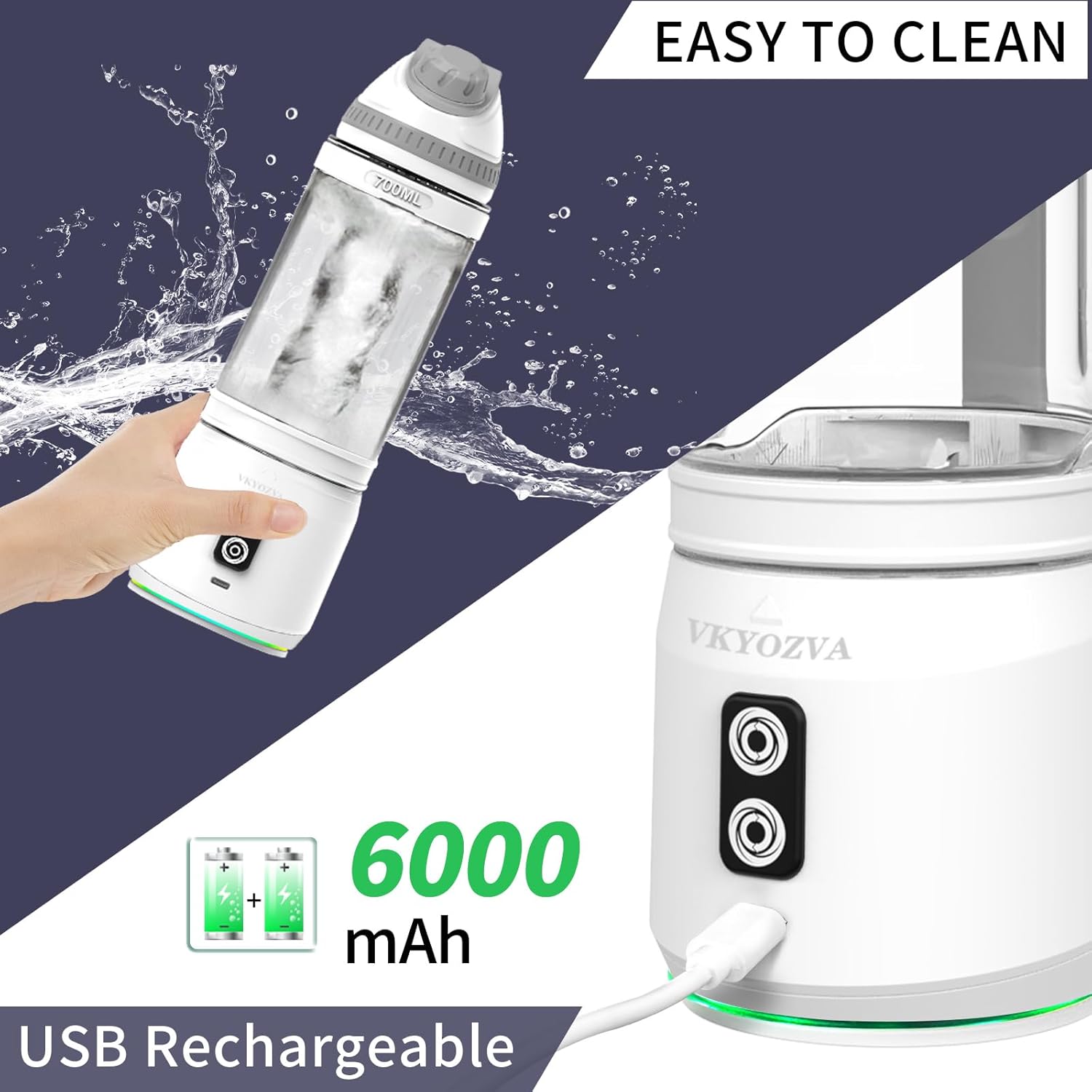 Portable Blender cordless, 24oz Blender Cup Sporty Bottle with Sip Spout, Travel blender for Shakes and Smoothies, USB-C Rechargeable, Mini Small Blenders (White Gray)