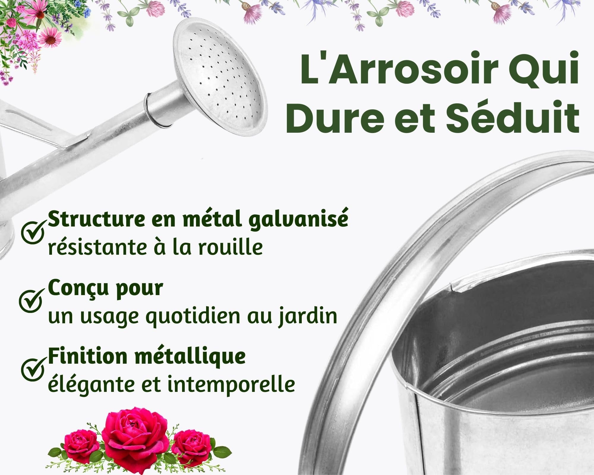 Arrosoir en zinc 12 l – Arrosoir en métal galvanisé avec douchette d'arrosage, arrosoir de jardin robuste en acier pour l'intérieur et l'extérieur, idéal pour l'arrosage des fleurs et
