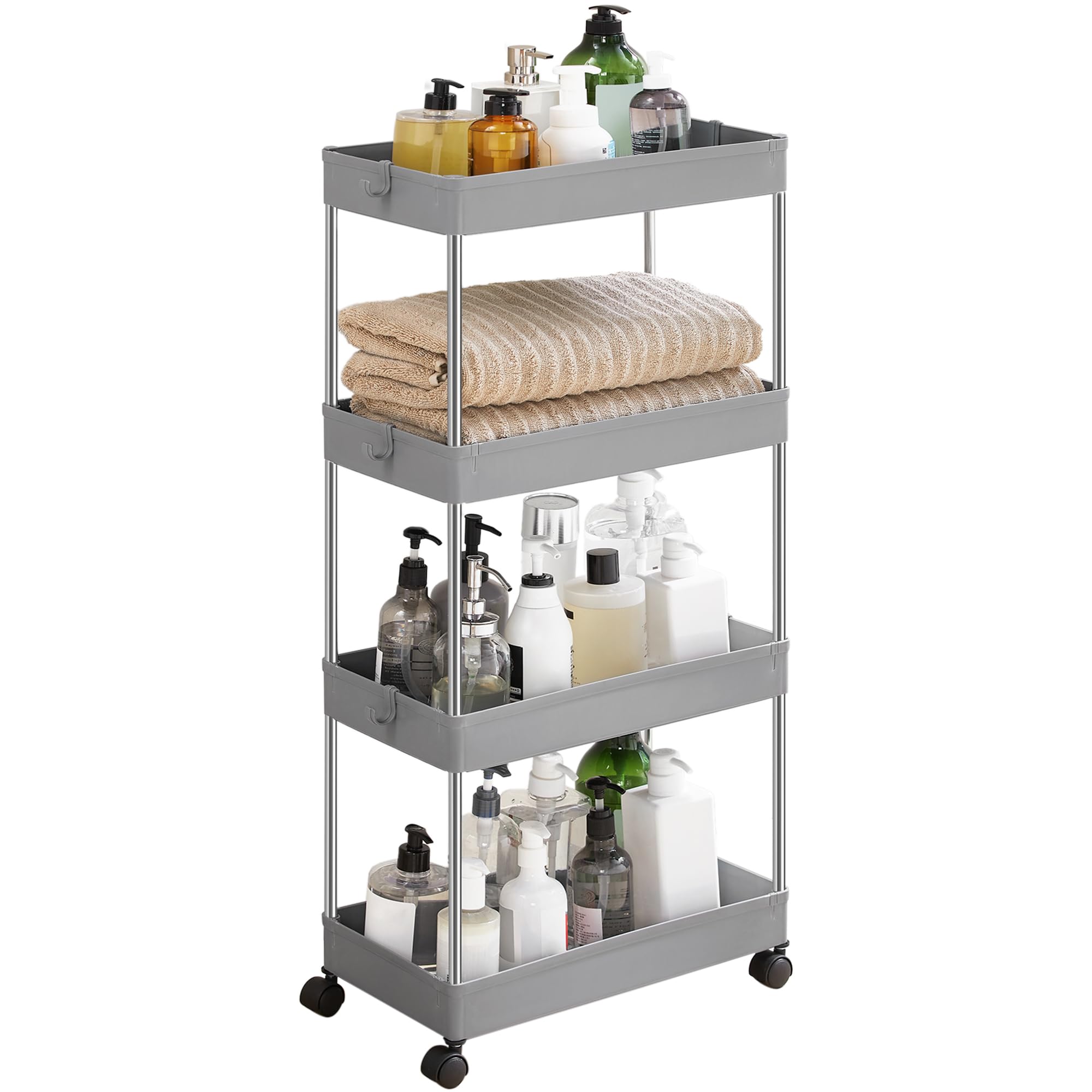 JAKAGO Mobiele Opbergtrolleys, 4 Niveaus Keuken Opberg Trolleys met Haken & Cups Slank Ontwerp Voor Smalle Ruimtes, keuken, kantoor, Badkamer (Zwart