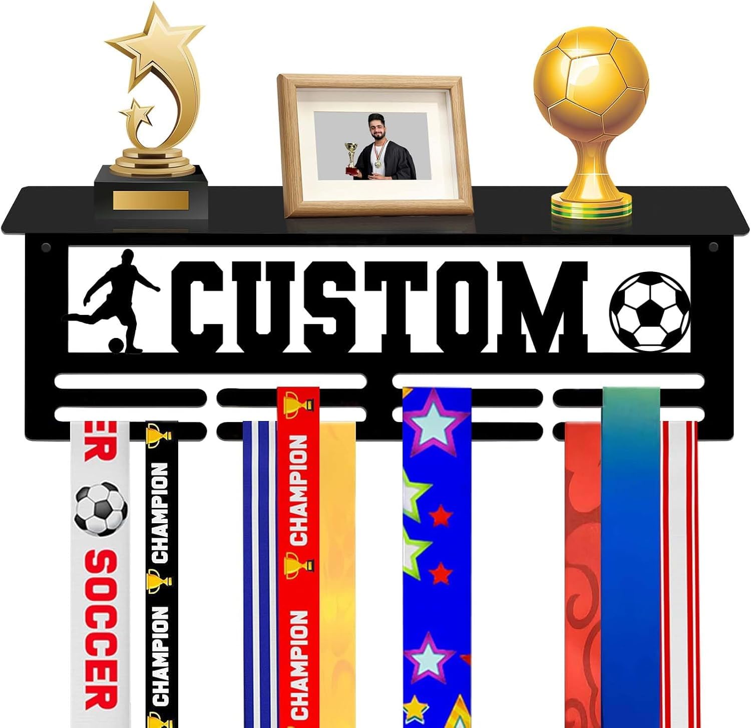 LOFART Personalized Medal Hanger Display, Custom Trophy Shelf with Name, Personalized Medal Rack with Icon, Custom Trophy and Medals Display Shelf for Athlete World Cup Trophy Souvenirs (Style 3)