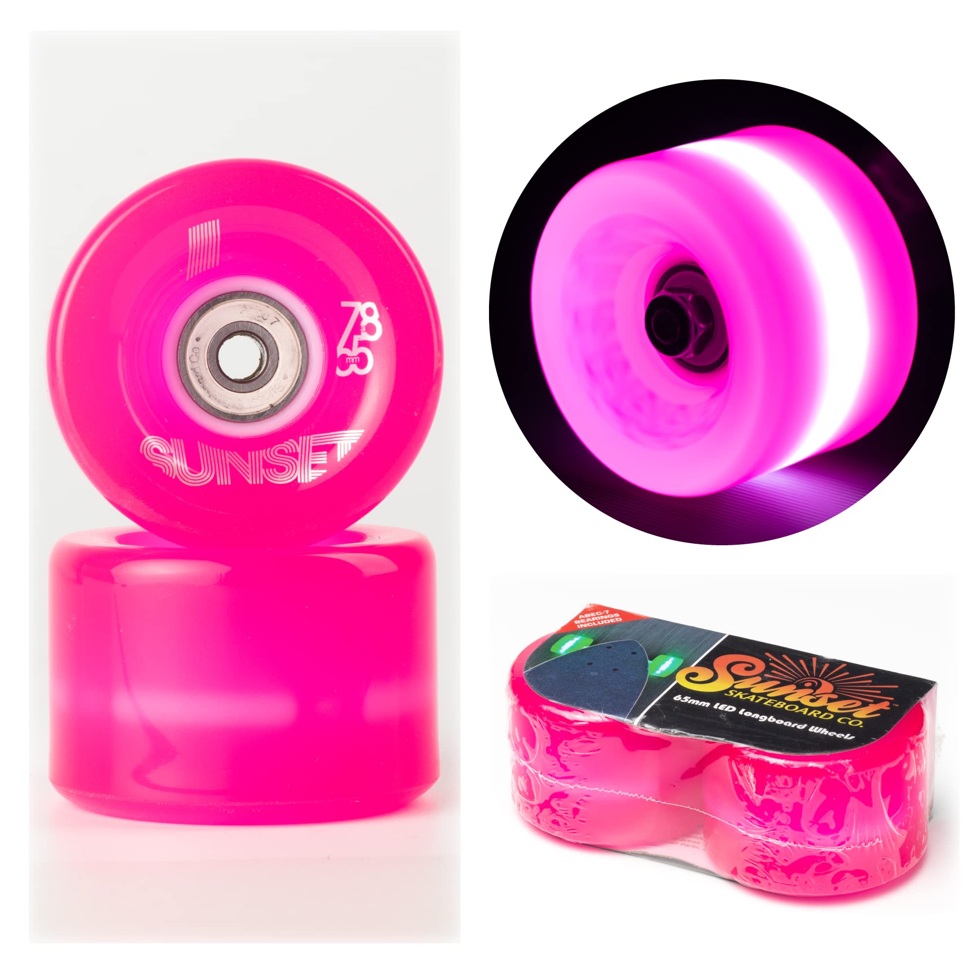 Sunset Skateboard Co. 65mm 78a LED Light-Up Longboard Wheels (2-Pack) with ABEC-7 Carbon Steel Bearings for Glow-in-The-Dark, All Ages & Skill Levels Skating Fun with No Batteries Required (Pink)