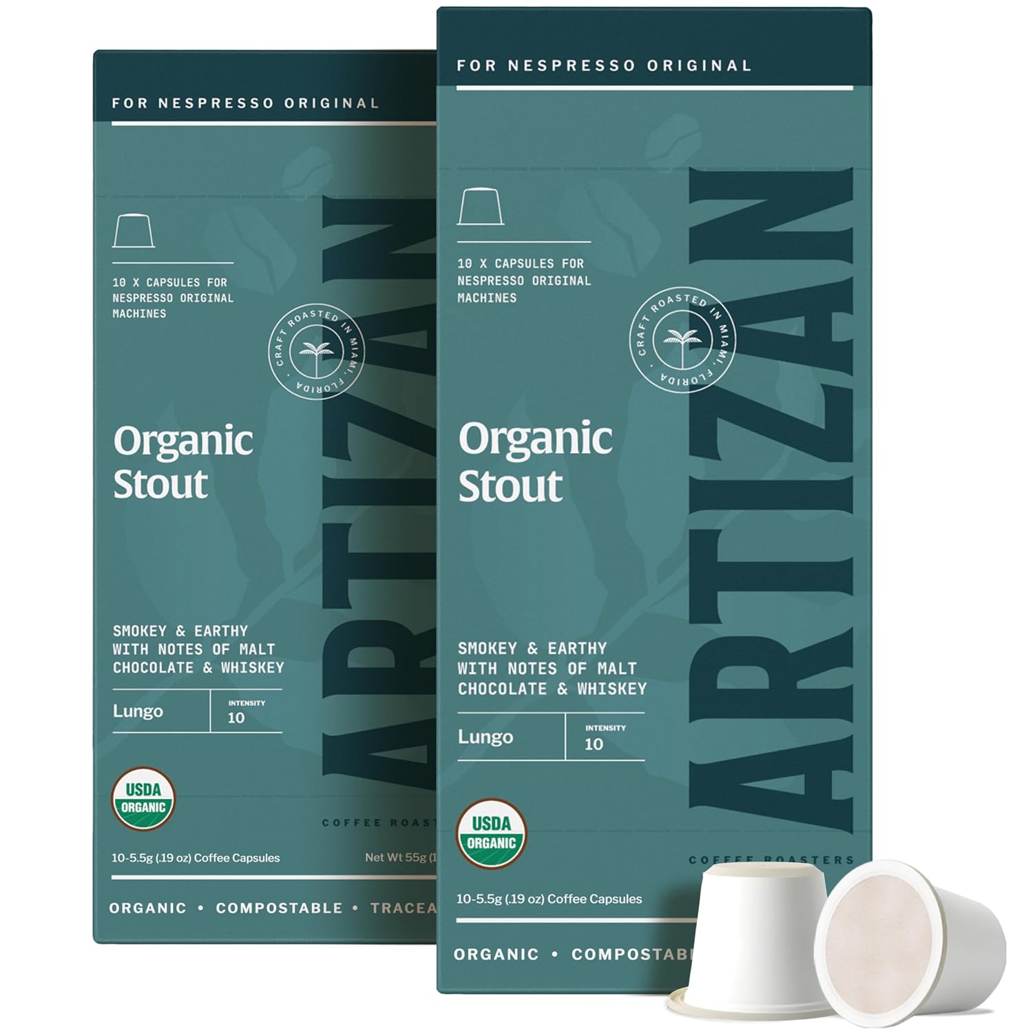 Artizan Coffee USDA Organic Espresso Coffee Capsules For Nespresso Original | Stout | 20 Compatible Compostable Pods