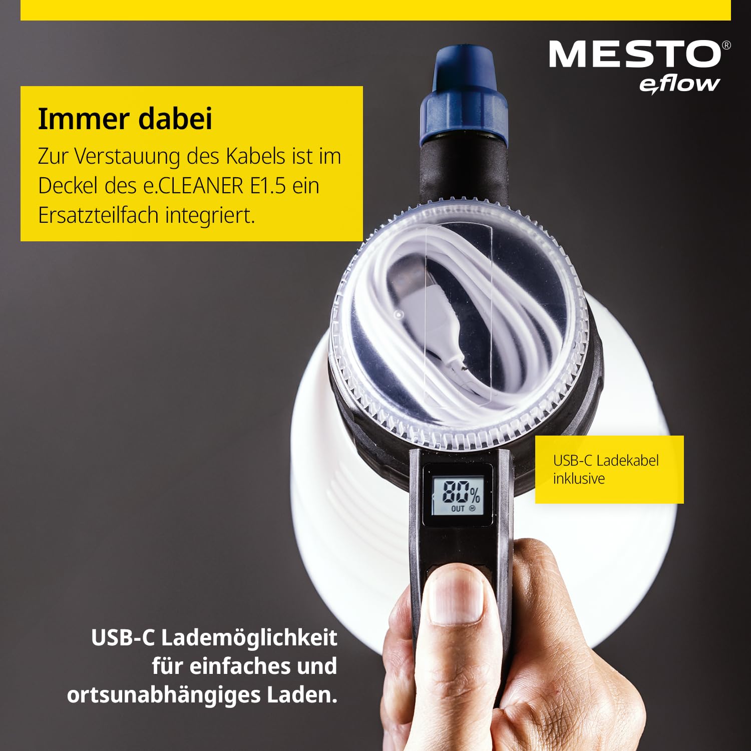 MESTO e.Cleaner E1.5 Akku-Drucksprüher 1,5L | Akku Drucksprühgerät 2 bar | Drucksprüher elektrisch für Reinigung | Drucksprühflasche für leicht alkalische Flüssigkeiten & Laugen | inkl. USB-C Kabel