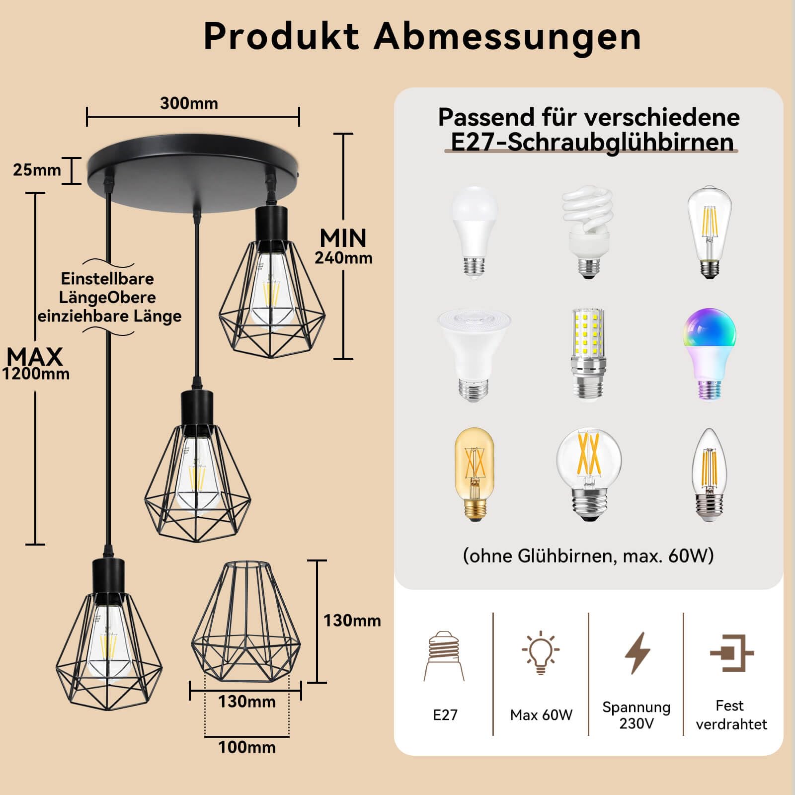 HiBay Hängelampe Esstisch E27 Pendelleuchte Vintage Küchenlampe Hängend 3 Flammig Esszimmerlampe Schwarz Hängeleuchte für Flur Wohnzimmer Schlafzimmer Max. 60W Ohne Leuchtmittel