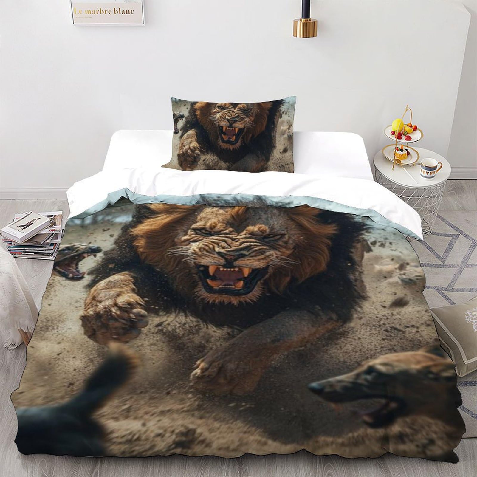 Housse de couette lion 135x200cm lit simple microfibre lavable pour literie enfants
