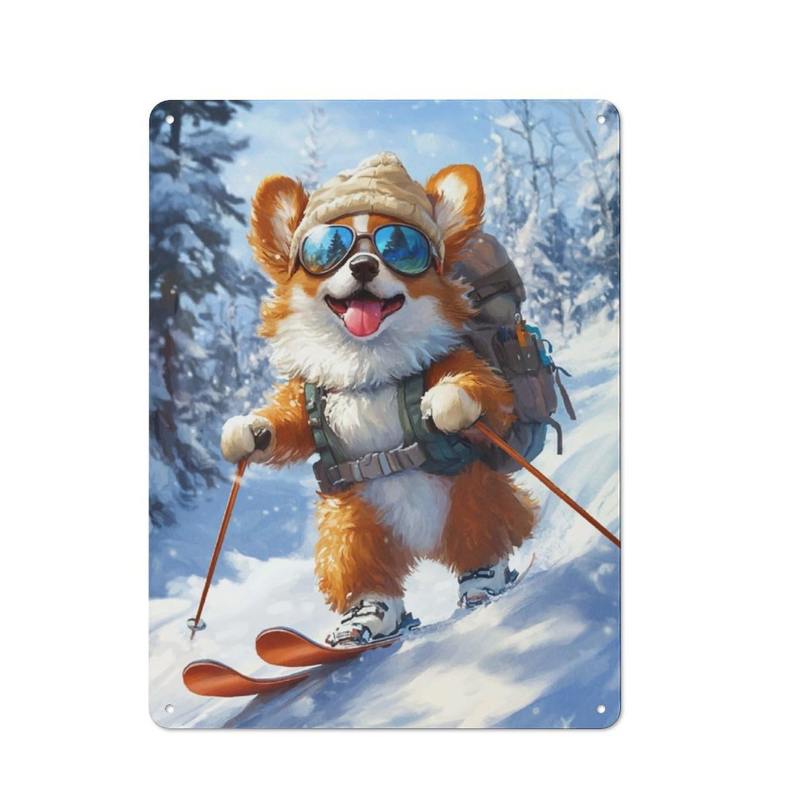 Junmoney Corgi Skiing Adventure Vintage Metal Plaque 40X30cm Featuring For Pub Or Café, Suited To Café Interior Fans