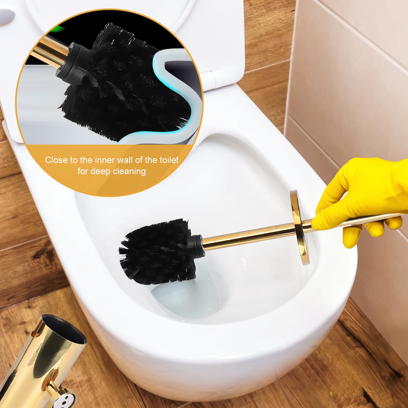 EXLECO Brosse Toilettes WC Mural Gold, Suspendu Balai INOX, Toilette WC avec 1 Têtes de Brosses, Balayette WC Kit et Supports sans Perçage, Porte Brosse WC, Nettoyage Salle de Bain Accessoire