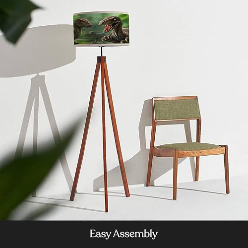 Miniatura 5 de WEFHFGK Lámpara de pie con tres dinosaurios, velociraptores en la naturaleza, patas de madera maciza, moderna lámpara de pie con trípode con