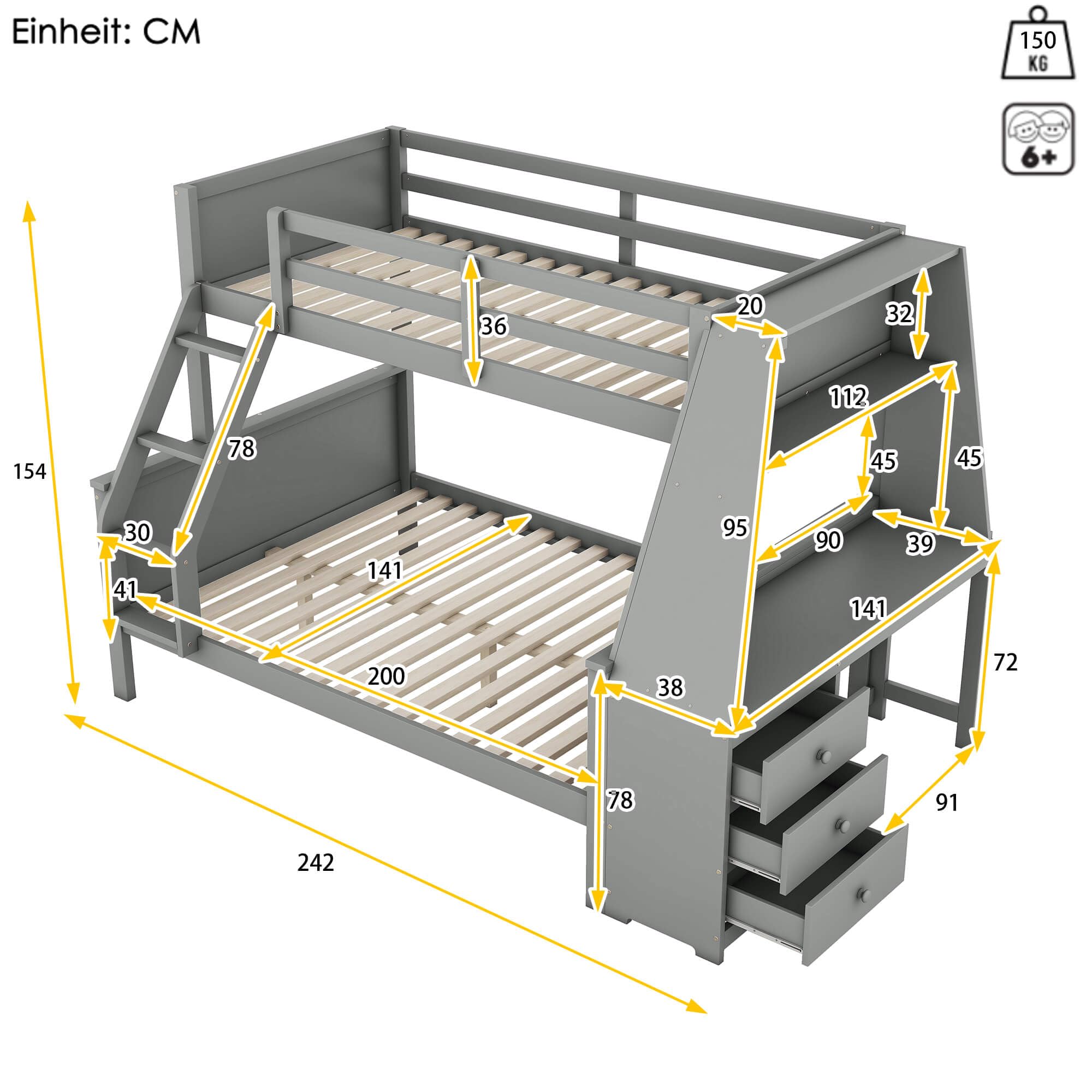 Kinderstapelbed - 2 x 90 x 200 - met opbergtrap spijlen - hout - wit