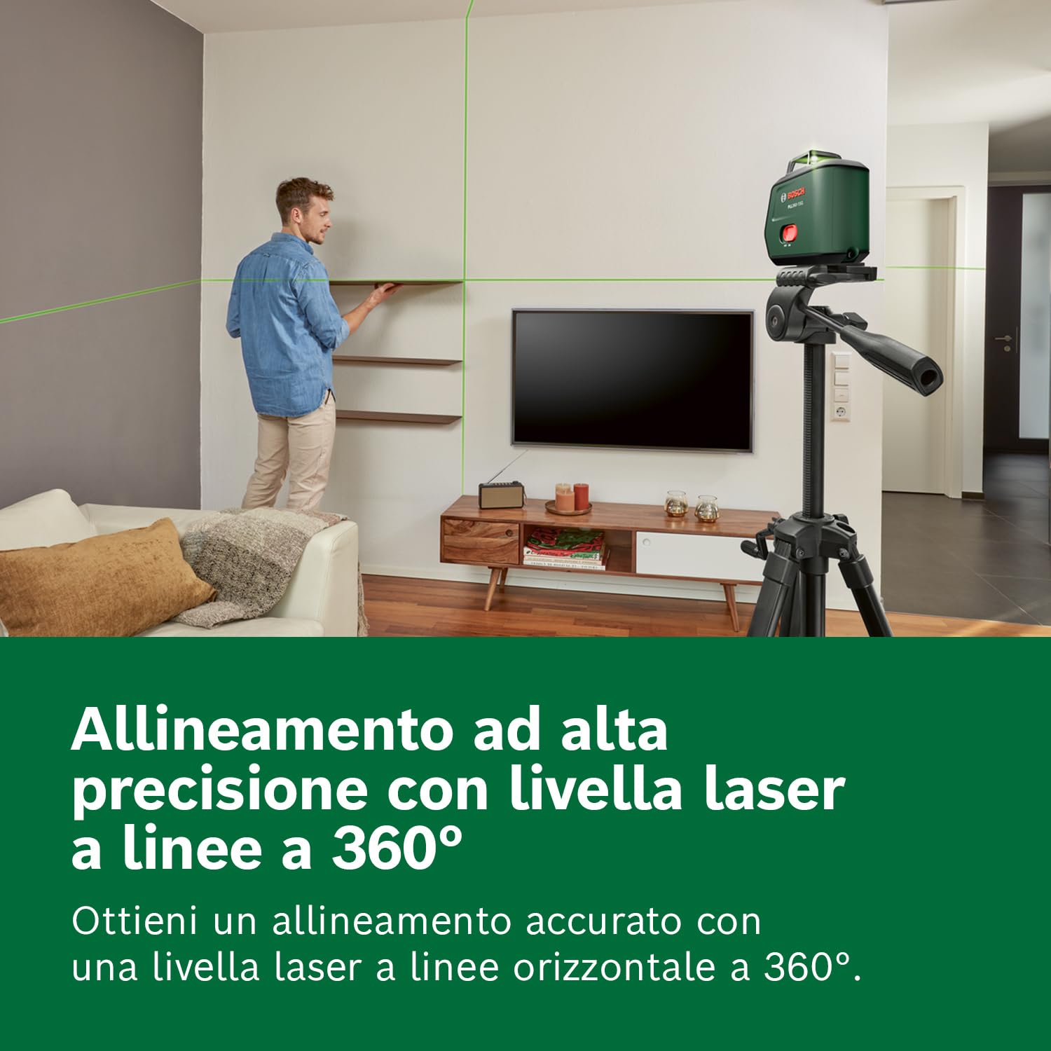 Bosch Livella Laser a Linee PLL360‑15G (linee laser verdi a 360°, IP54, batteria Li‑ion con ricarica USB‑C, incl. supporto TT120, custodia e manuale)