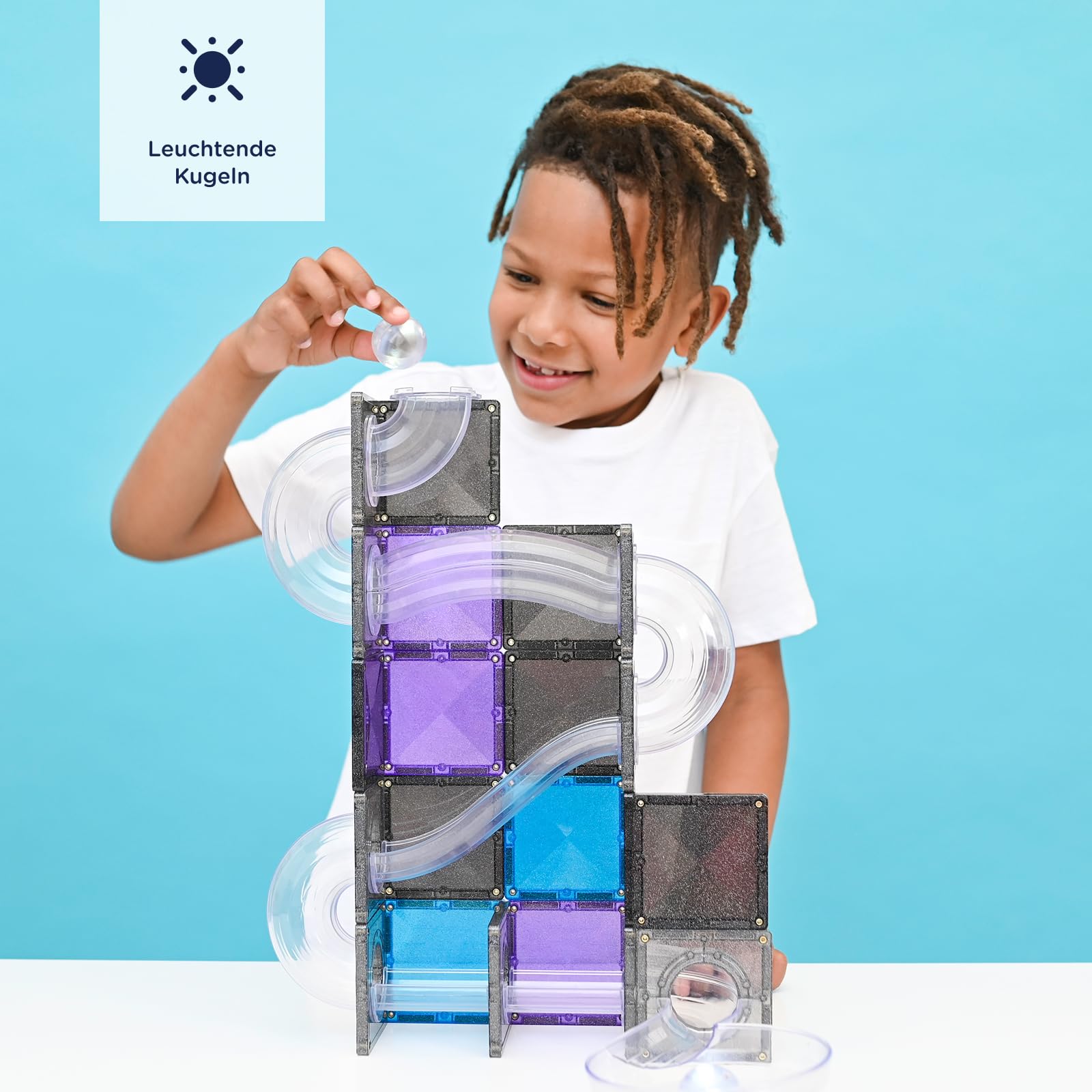 CONNETIX Magnetische Bausteine Kugelbahn Galaxie Pack, 61 Stück | Erschaffe funkelnde, weltraum-inspirierte Kugelbahnen mit Leuchtkugeln, Glitzerfliesen und klaren Röhren. Ab 3 Jahren.