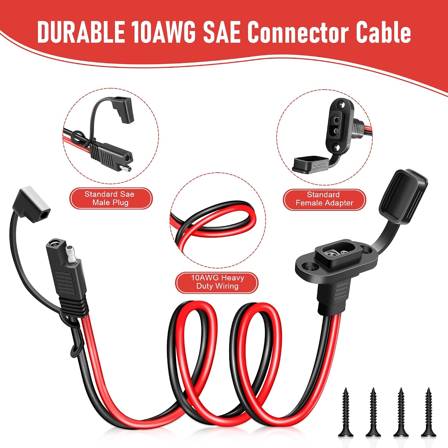 SAE Connector 2FT 10AWG, SAE Battery Quick Connect Plug Waterproof Extension Cable for Solar Panel, Street Glide, Road Glide, Motorcycle Charging Port Upgrade, RV, Solar Generator Battery Charger