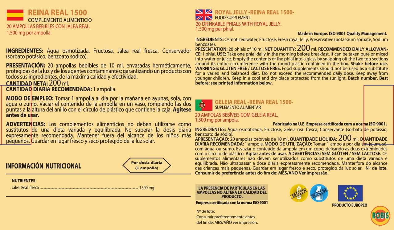 Robis Reina Real 1500 | Gelatina reale fresca | Stimolante dell'energia - rafforza il sistema nervoso - Aiuta a eliminare l'esaurimento mentale | 20 fiale di 10 ml