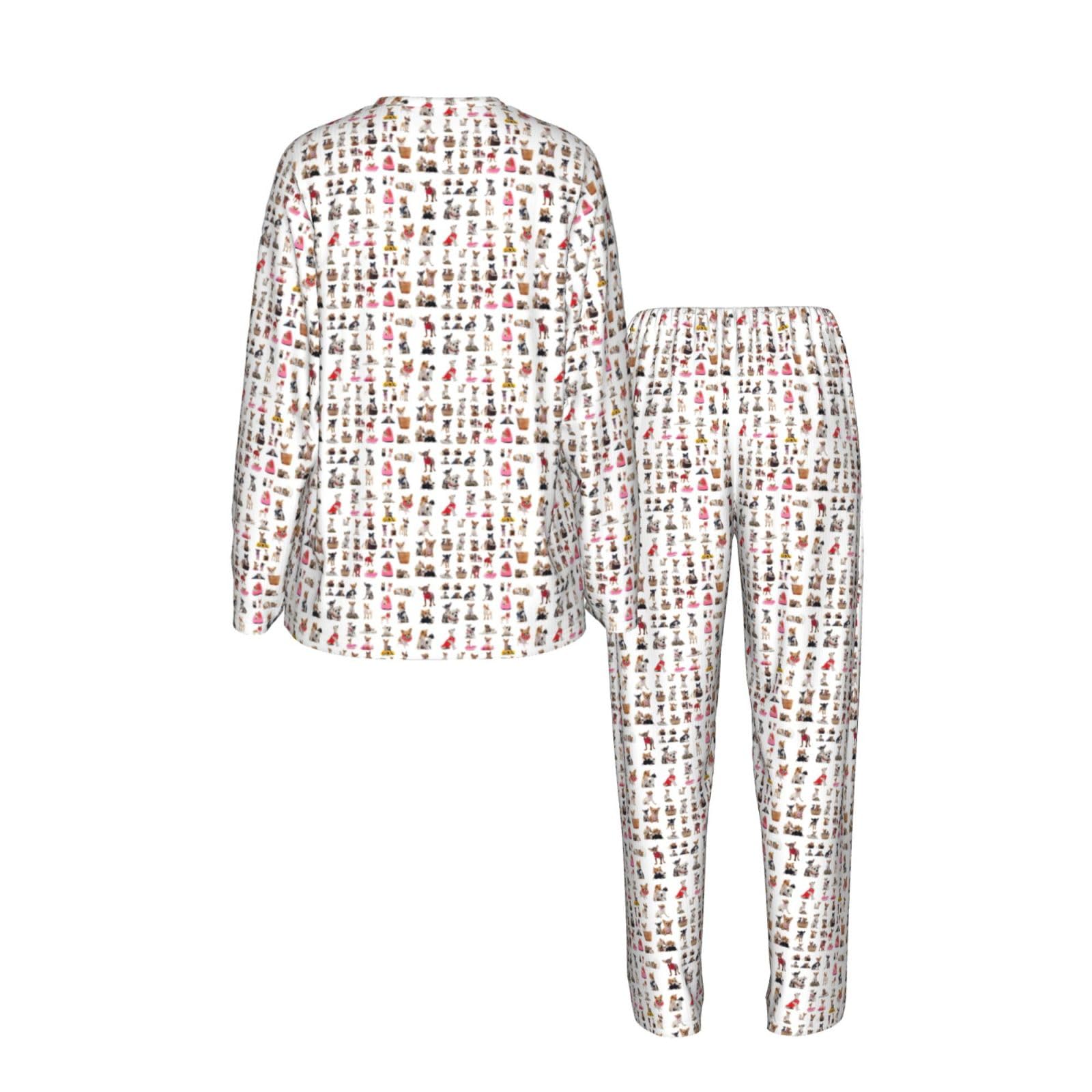 Carino Chihuahua Pug Modello Stampa Delle Donne Maniche Lunghe Pigiama Set Morbido Elastico Coulisse Casual Daywear