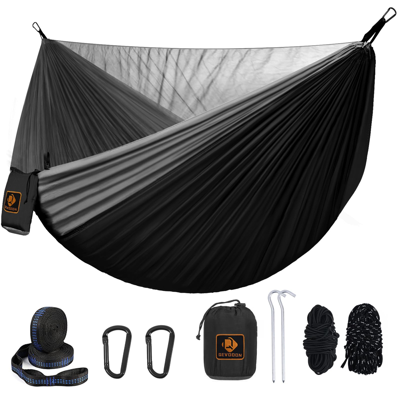 Camping Hammock, Portable Hammocks with Mosquito Net,Lightweight Nylon Parachute Hammock with 10ft Tree Straps,Camping Gear Must Haves for Travel Hiking Backpacking Beach Patio-Black&Grey