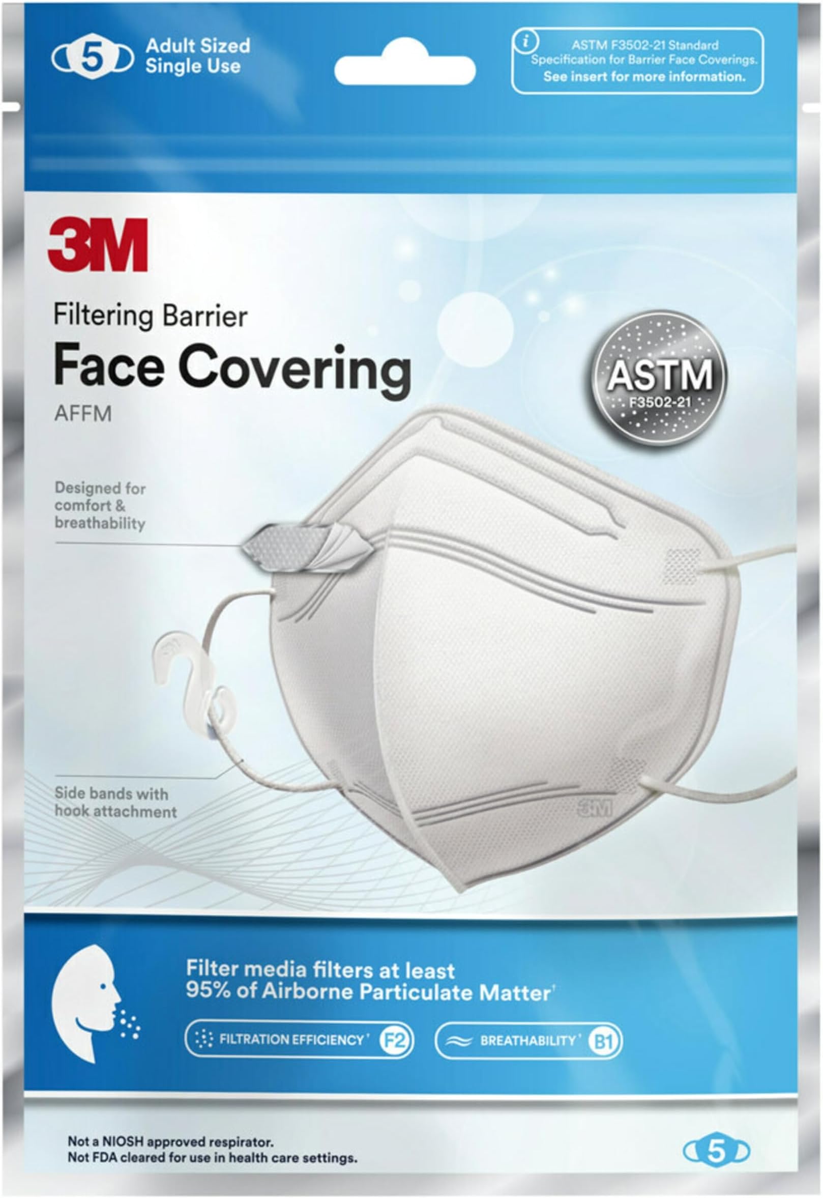 3M™ Filtering Barrier Face Covering, AFFM-5, One Size, 5-Pack