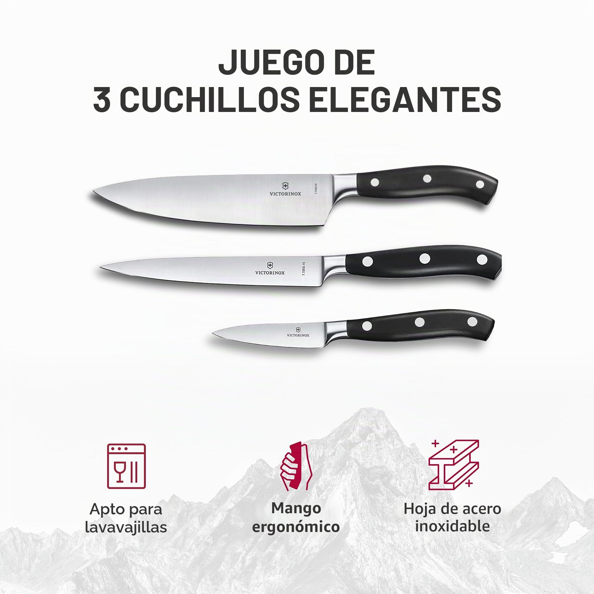 Victorinox Grand Maître, set de cocina profesional, 3 piezas, afilado recto, extra afilado, mango de plástico robusto, negro