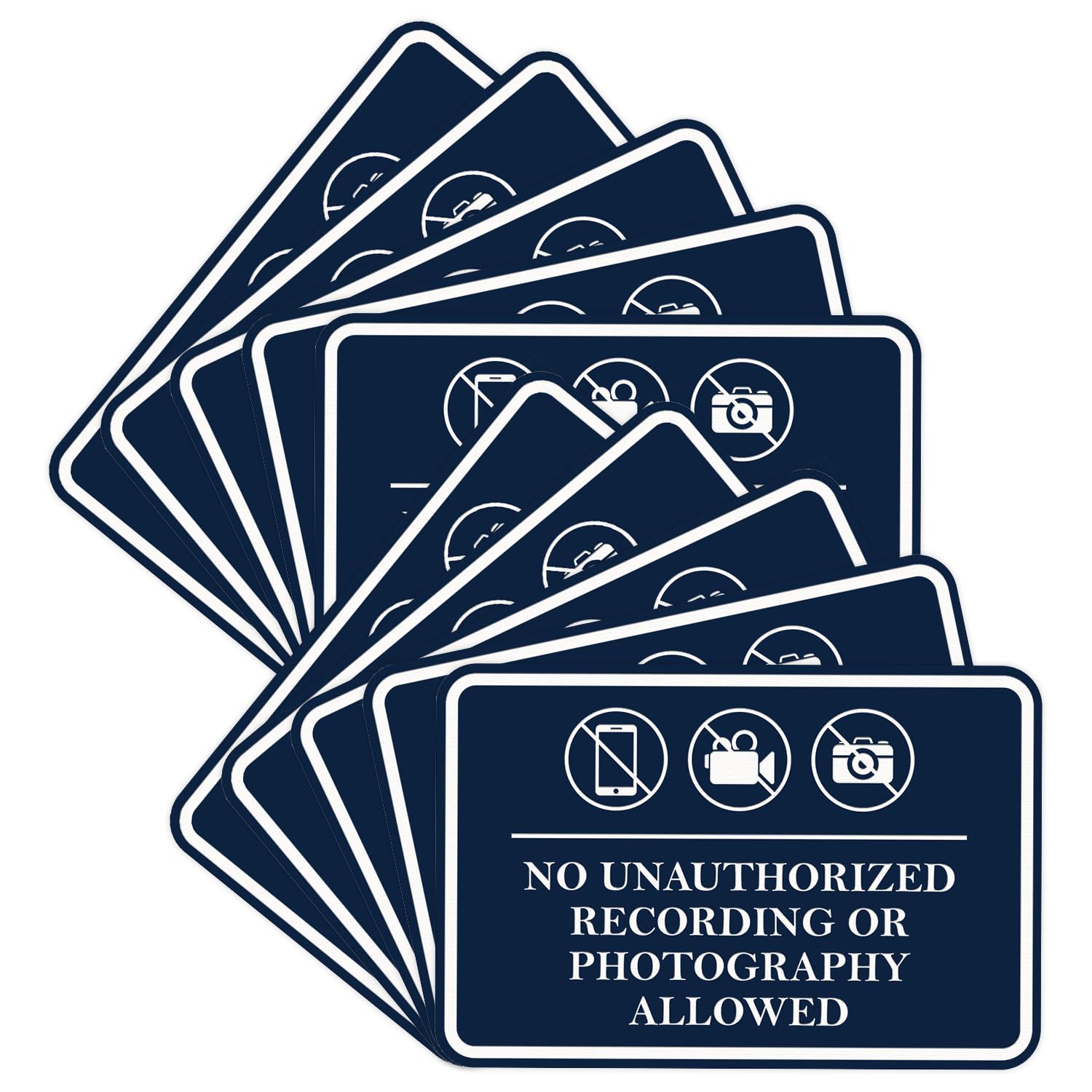 Classic Framed No Unauthorized Recording or Photography Allowed Door or Wall SignDurable Material | Easy Installation (Navy Blue/White) - Large (10 Pack)
