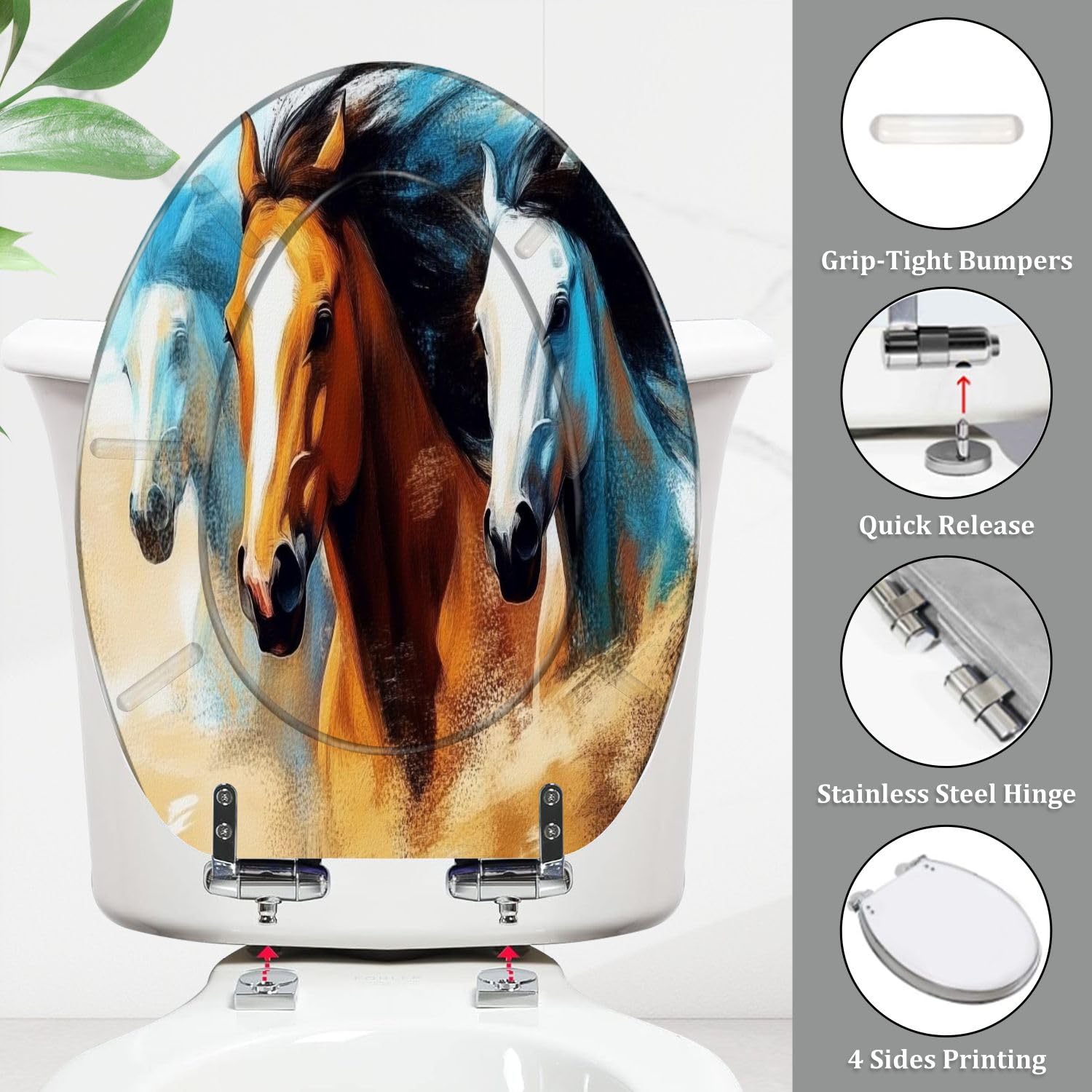 Asiento de inodoro alargado de resina con manada de caballos salvajes, cierre silencioso, bisagras de liberación rápida, cubierta decorativa, fácil de instalar