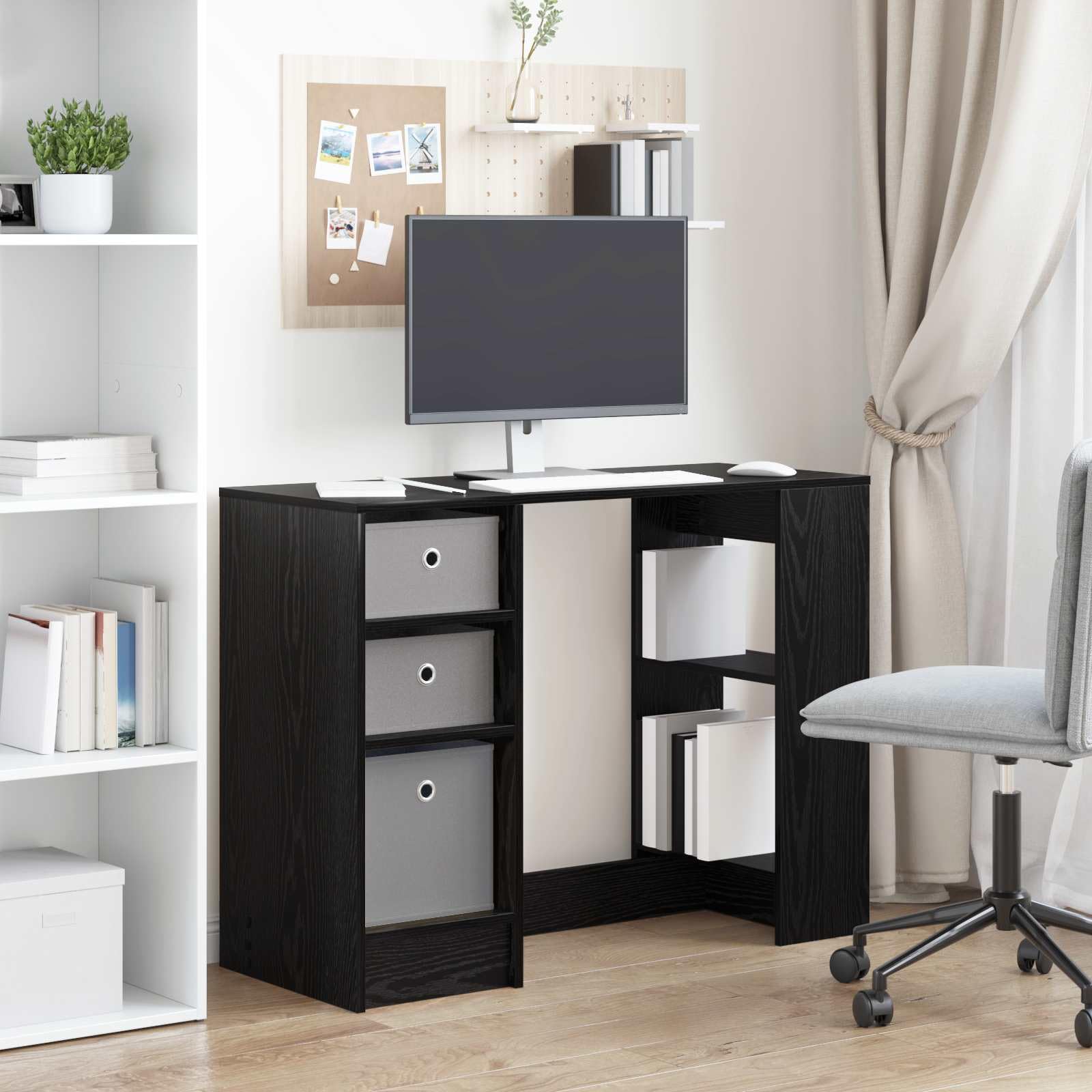 Scrivania con scaffale, effetto rovere nero, in legno, 100 x 40 x 75 cm, con 3 cassetti e ripiano per casa, ufficio, studio, gaming e postazione di lavoro