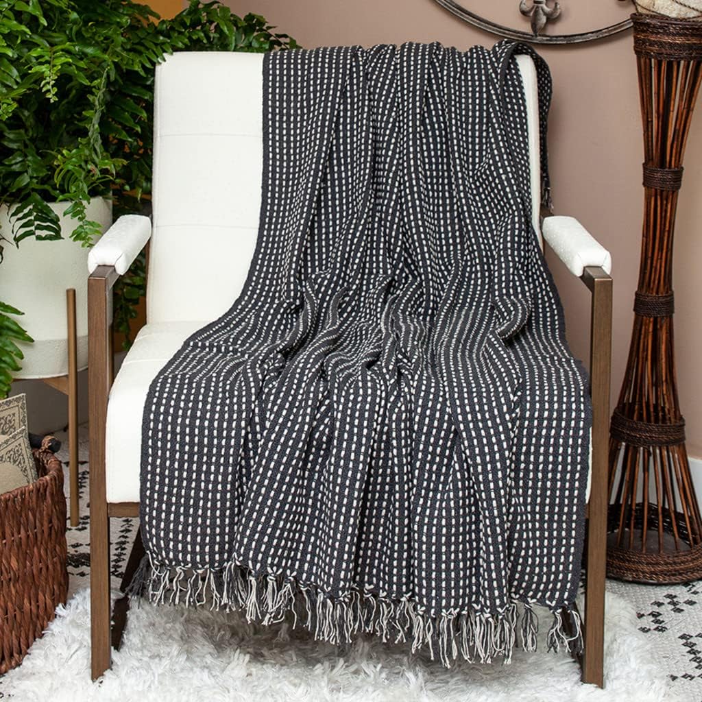 HomeRoots Black and White Handloom Woven Throw Blanket