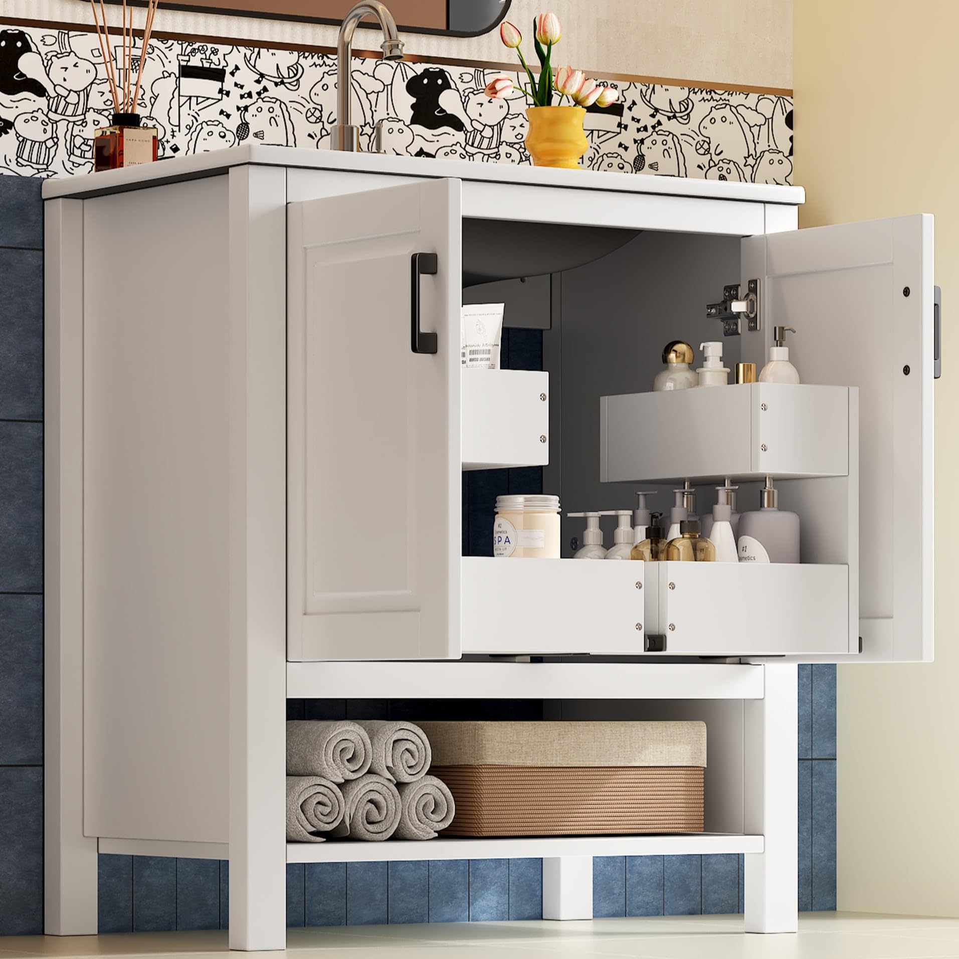 Lavabo independiente Moimhear con almacenaje amplio y pila cerámica para baños ordenados