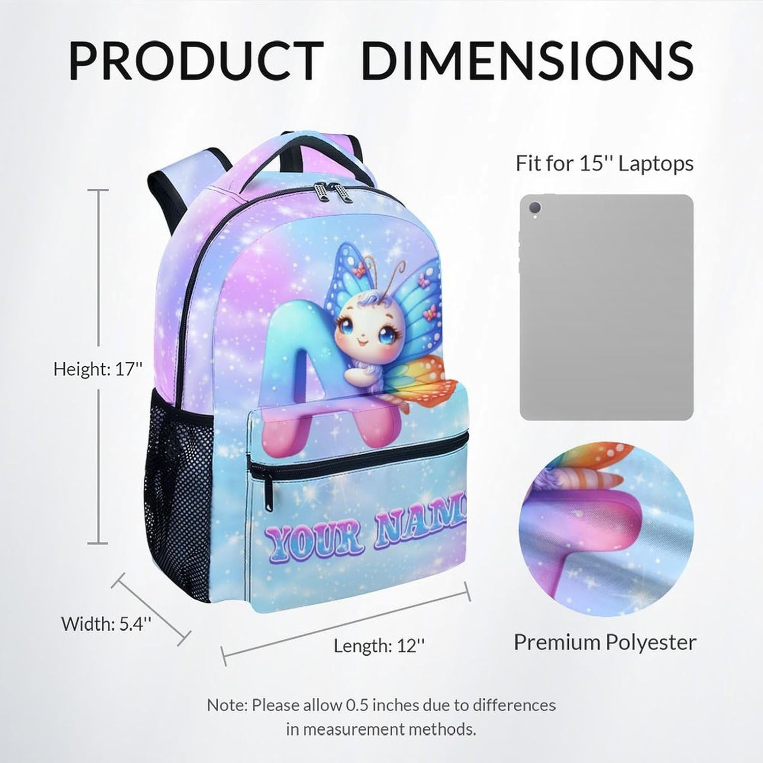 Kids Backpack - Personalized Butterfly Backpacks with Name/Initials for Girls Toddlers - Custom Bookbag Gifts for Daughter/Children - Durable School Bag for Kindergarten/Preschool/Elementary(17 Inch)