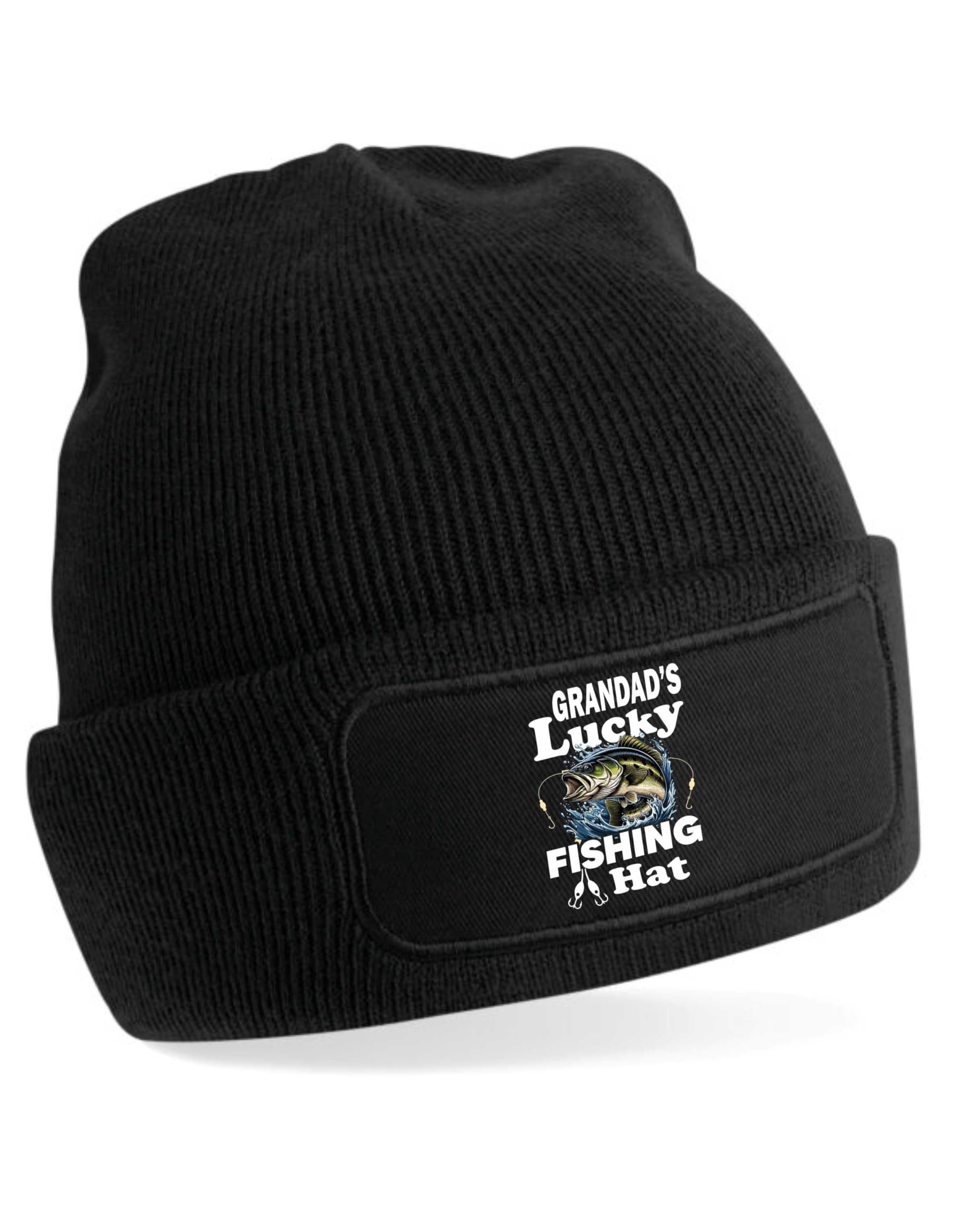 Print4U Grandad's Lucky Fishing Beanie Hat Anglers Gift Father's Day Birthday Black