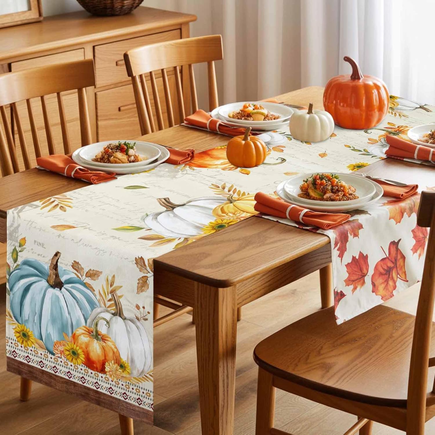Fall Table Runner 13x108 Inches Long Pumpkin Maple Leaves Table Runners Cotton Linen Sunflower Wood Grain Autumn Dresser Scarf Kitchen Dining Table Decor for Harvest Thanksgiving Holiday Party Coffee