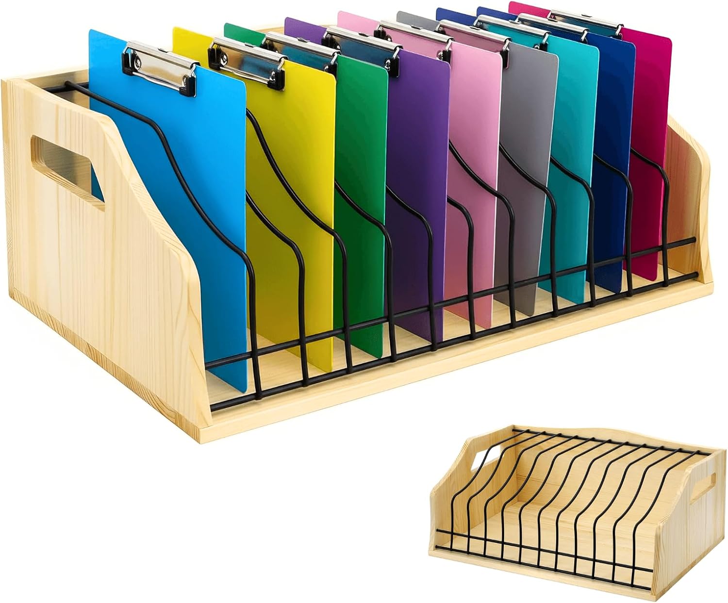 Youeon Large Vertical Clipboard Holder, 12 Slots Wood and Metal Clipboard Storage Rack, Desk File Organizer with Side Panel for Home, Office, School, No Assembly Required