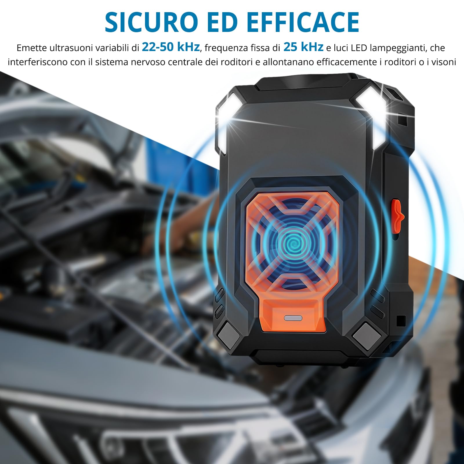AUTOUTLET Repellente ad Ultrasuoni per Auto 18-36kHz,Supporta USB/Alimentazione Elettrica dell'auto 12V,Funzione di Avvio/Arresto Automatico,Ultrasuoni per Topi con Luce LED,2 Pezzi