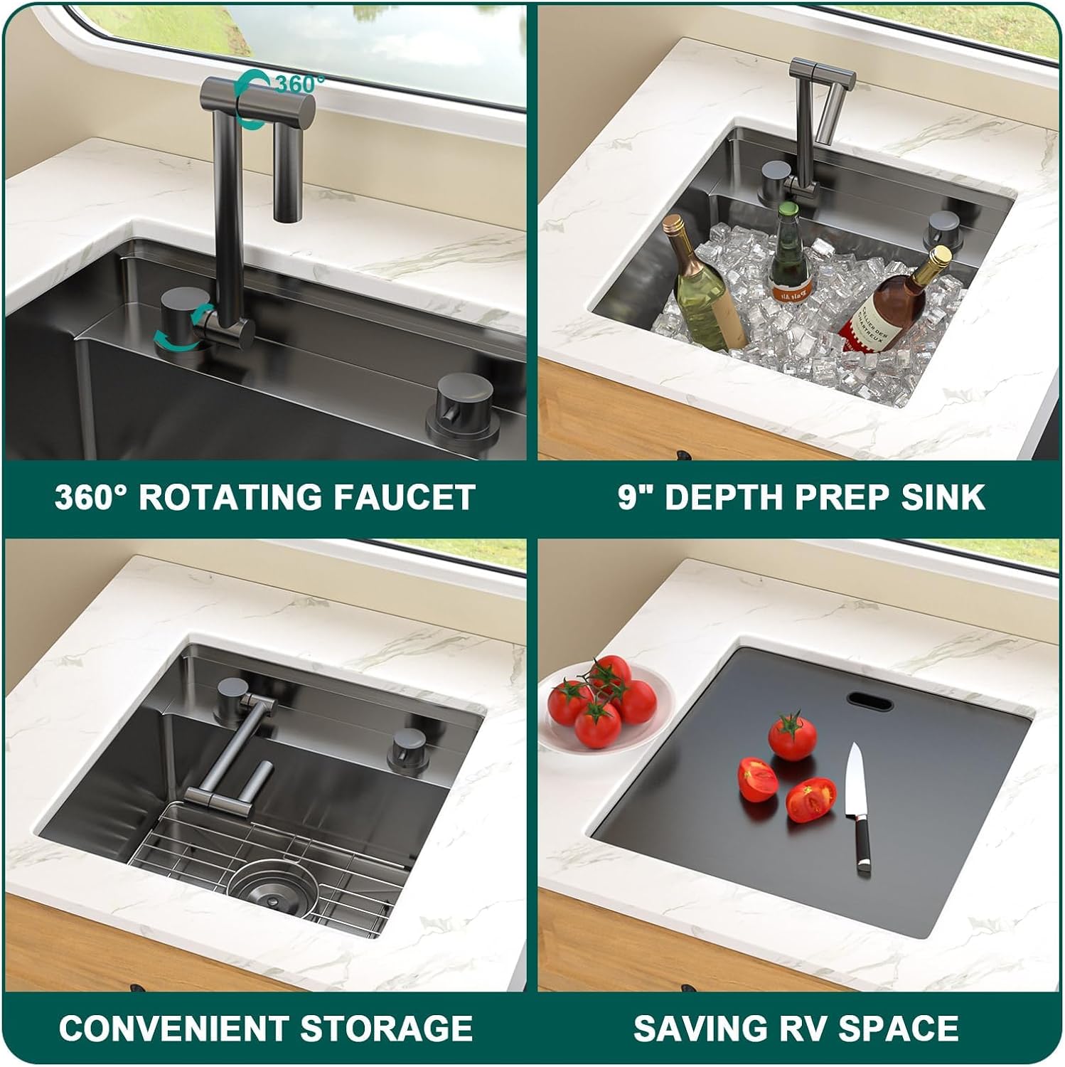 RV Kitchen Sink - 18x18 Inch Bar Sink Undermount Gunmetal Black NANO-PVD 16 Gauge 304 Stainless Steel Single Bowl Outdoor Kitchen Sinks Under Counter RV Sinks #TLRV-0004