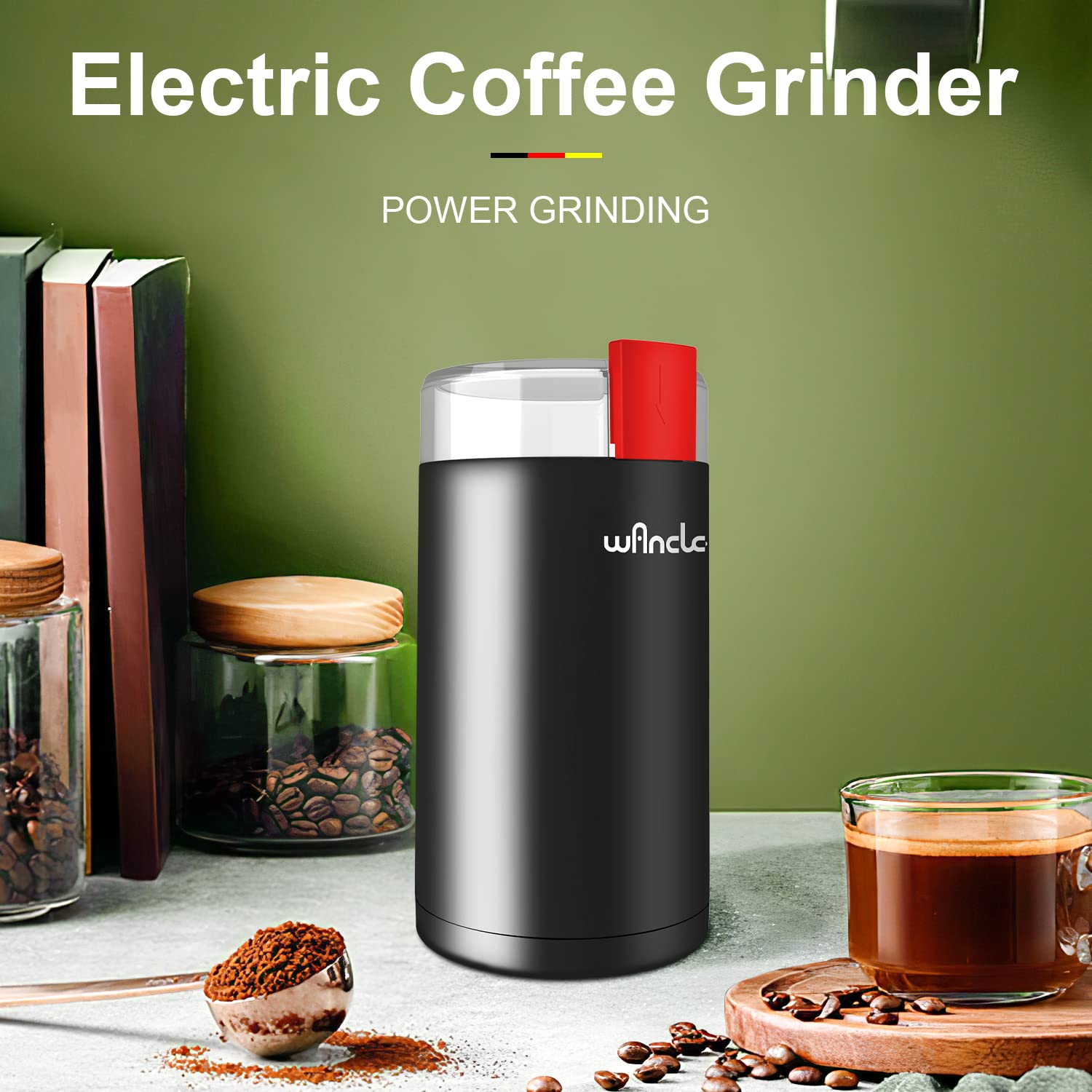 Macina Caffè, Wancle Macina Caffe elettrico, Macinatore di spezie silenzioso, mulino da caffè one touch, utilizzato per fagioli, spezie, ecc., con spazzola pulita (Nero+Rosso)