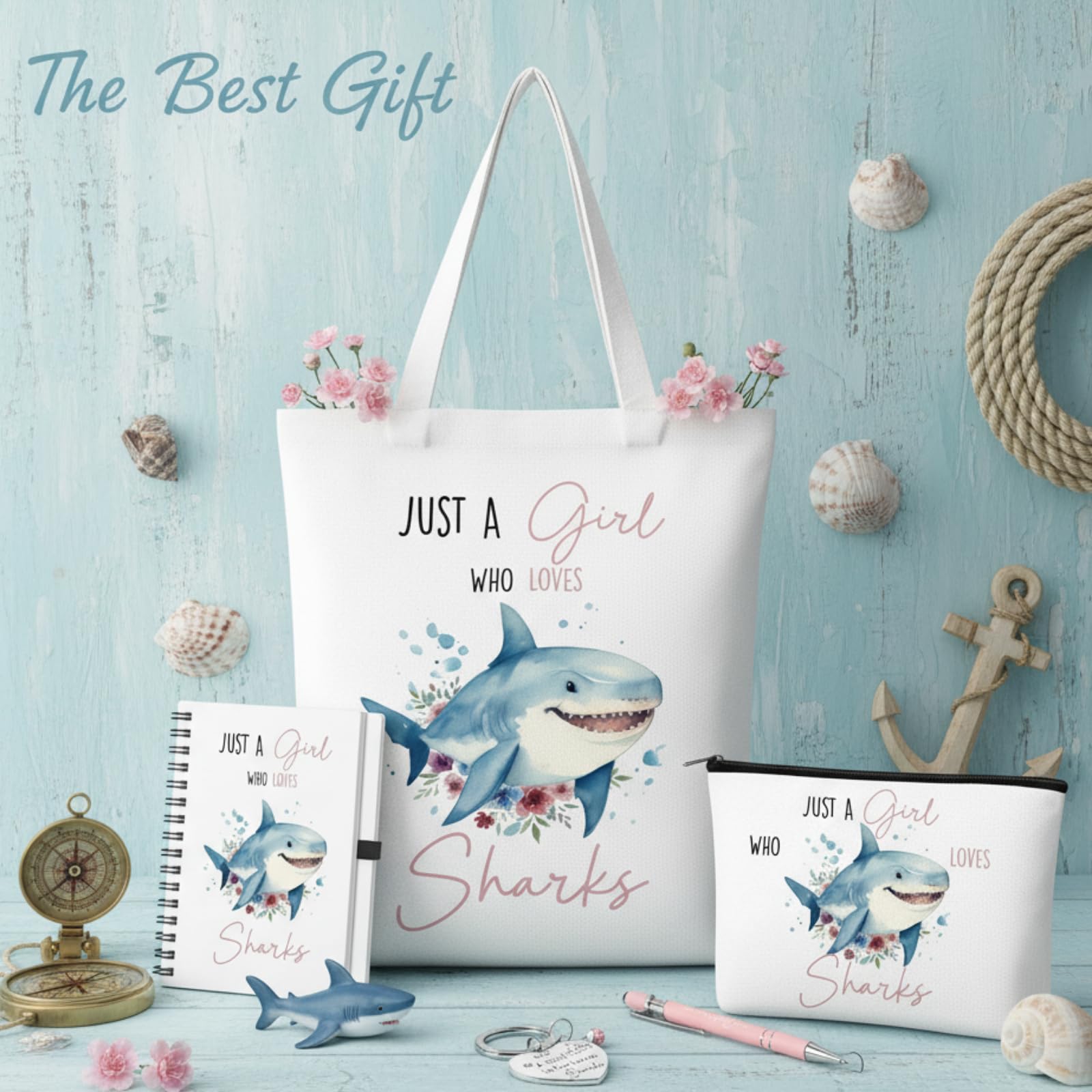 Ceenna 5 Pcs Shark Gifts for Women, Just a Girl Who Loves Shark Cosmetic Makeup Bag, Canvas Bag, A6 Spiral Notebook Lined Journal, Writing Gel Ink Pen and Funny Keychain for Girl Animal Lovers Gift