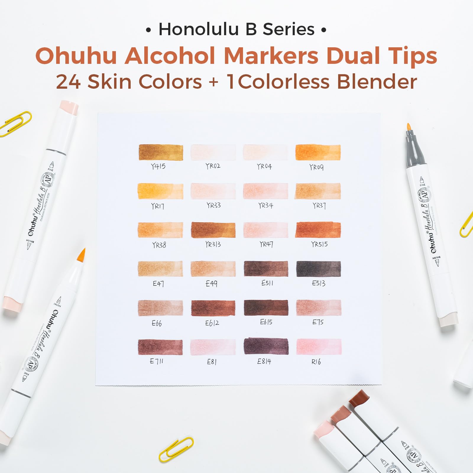 Ohuhu Marker 24 Set Pelle pennarelli alcolici a Colori, Pennello e fine Pennarello a Base di Alcool per Schizzi d'Arte, per Colorazione tonalità della Pelle di Tono Medio e per Capelli
