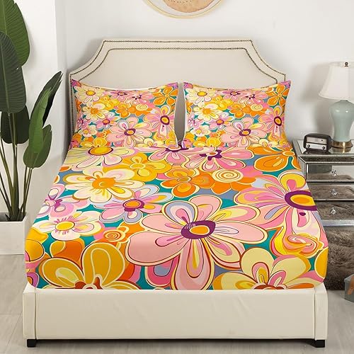 Miniatura 2 de Juego de sábanas de flores bohemias, tamaño King, diseño hippie de los años 70, diseño retro de flores de la selva para decoración de dormitorio,