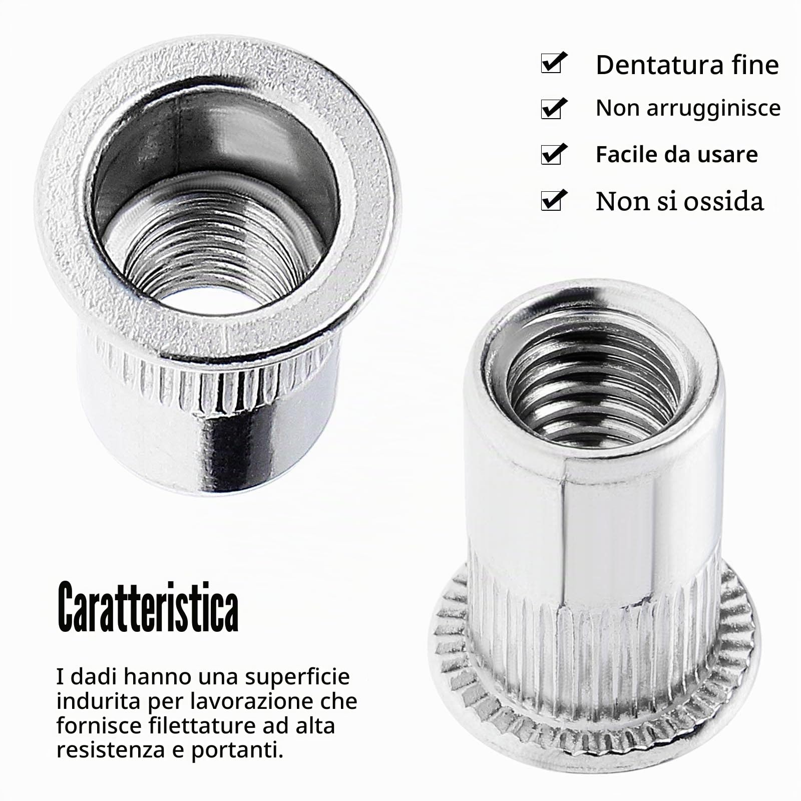 Gueenky 100 PZ Dadi Rivetti Filettati in Acciaio Inox, M6 M8 Dadi Filettati a Testa Piatta, Assortimento Inserti Filettati Mobili in Legno, Ogni Dimensione 50 PZ