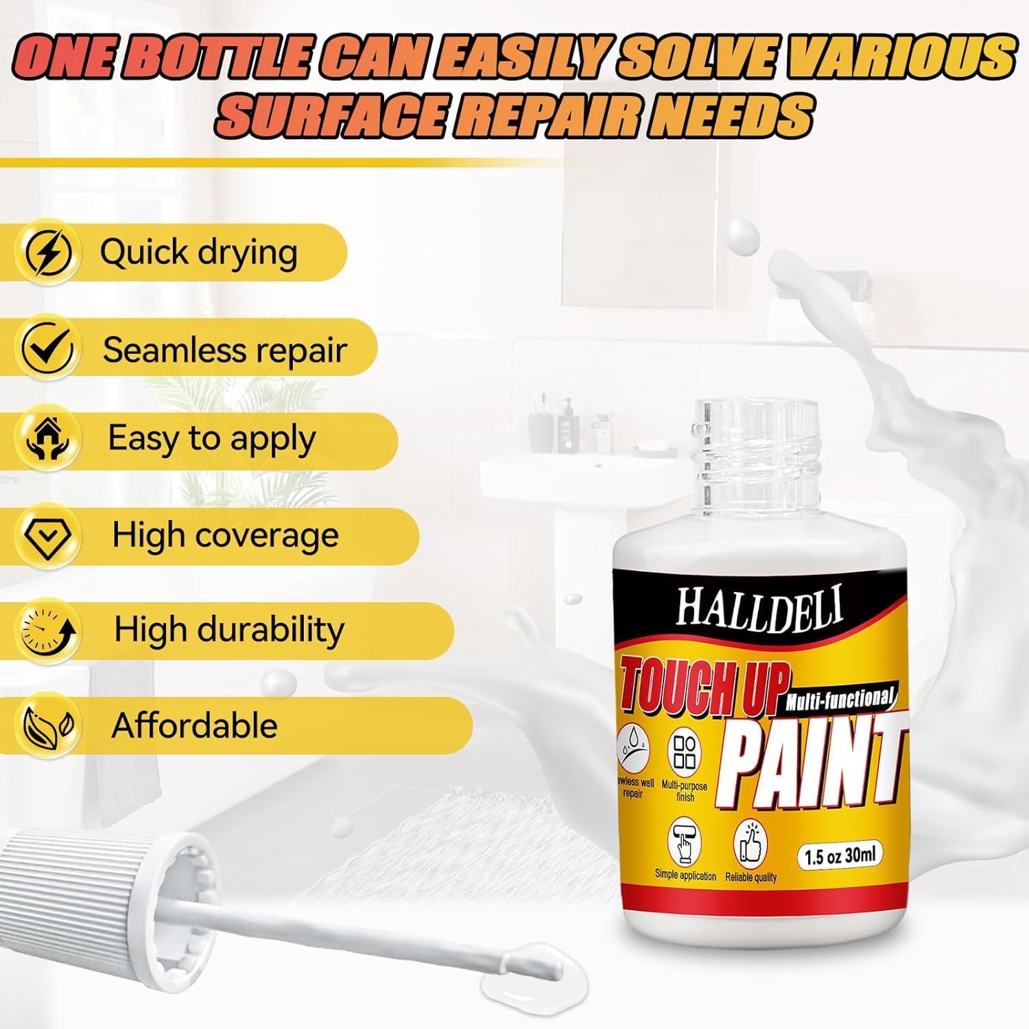 White Tub and Tile Touch-Up Paint,Semi-Gloss Waterproof Porcelain Repair Paint for Bathtubs, Sinks & Tiles, Covers Scratches Chips on Enamel and Acrylic (2.0 Fl Oz)