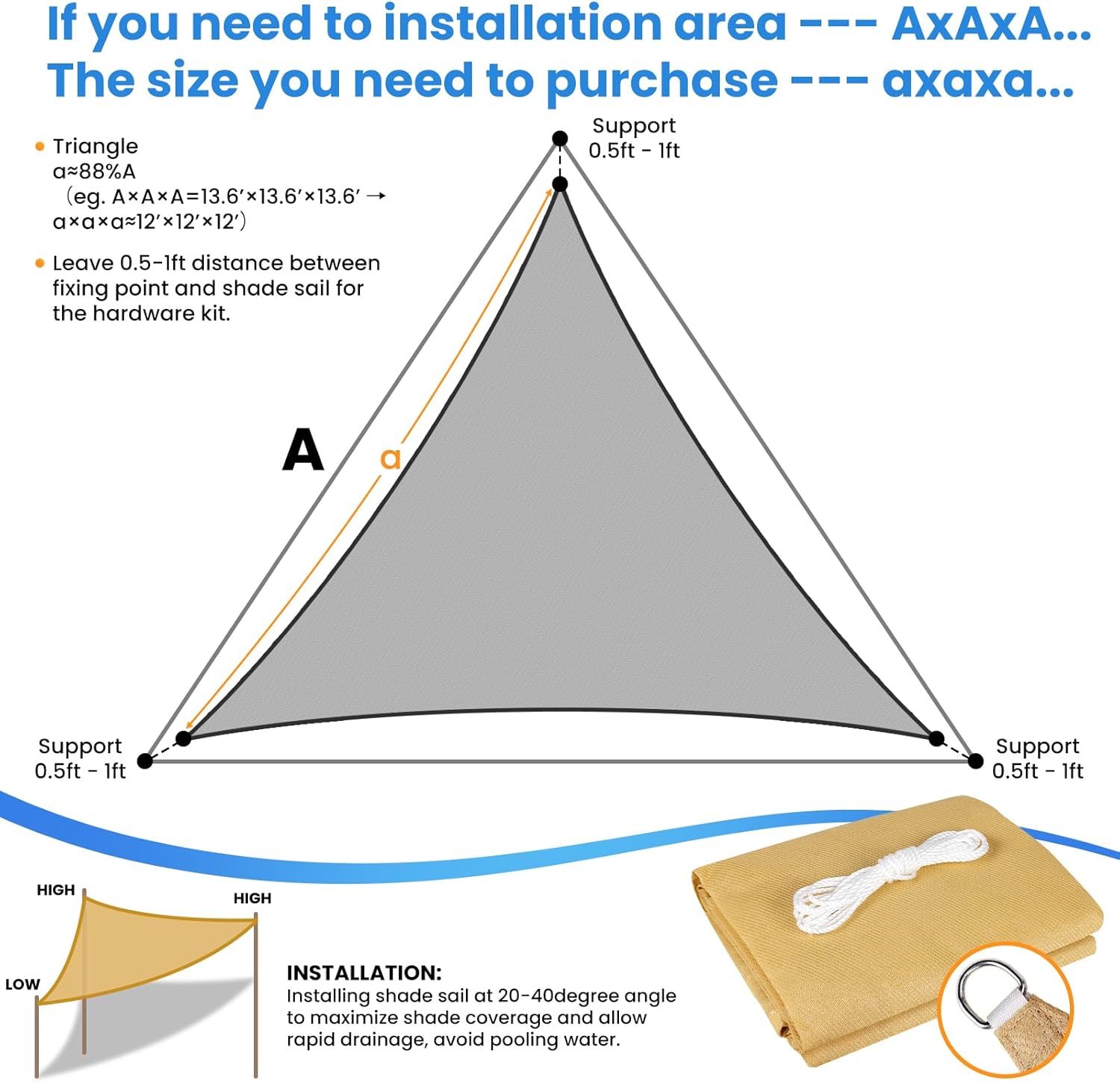 StorageTastic Triangle Sun Shade Sail - 16' x 16' x 16', UV Block Awnings for Patio Shade with Ropes Resist Wear, Tear & Fade, Breathable Sunshades for Outdoor Patio, Garden, Deck, Yard (Sand)