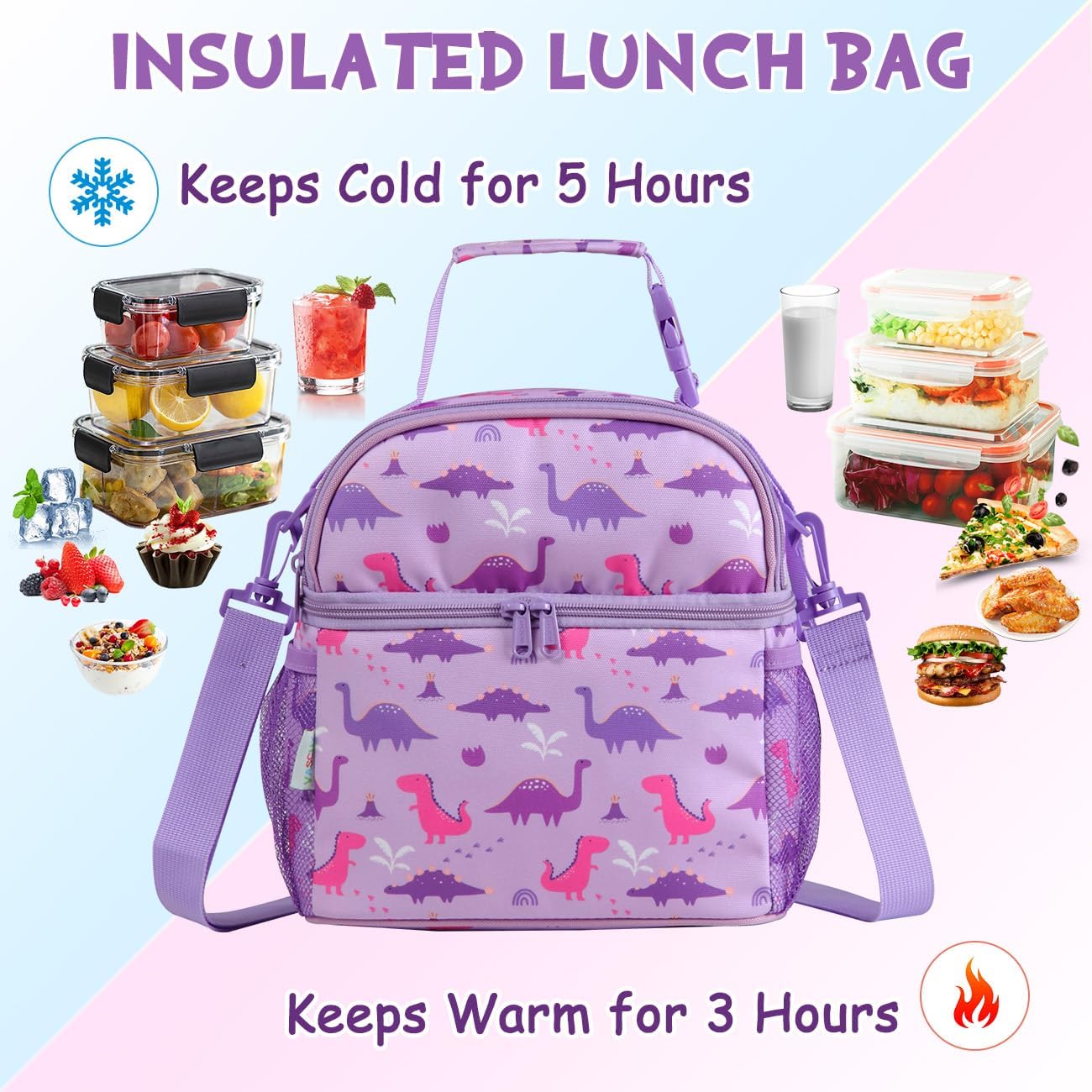 VASCHY Lunch Box Bag for Kids, Insulated Double Compartments Cooler Lunch Tote for Toddlers Girls School/Daycare/Picnic Lilac Dinos