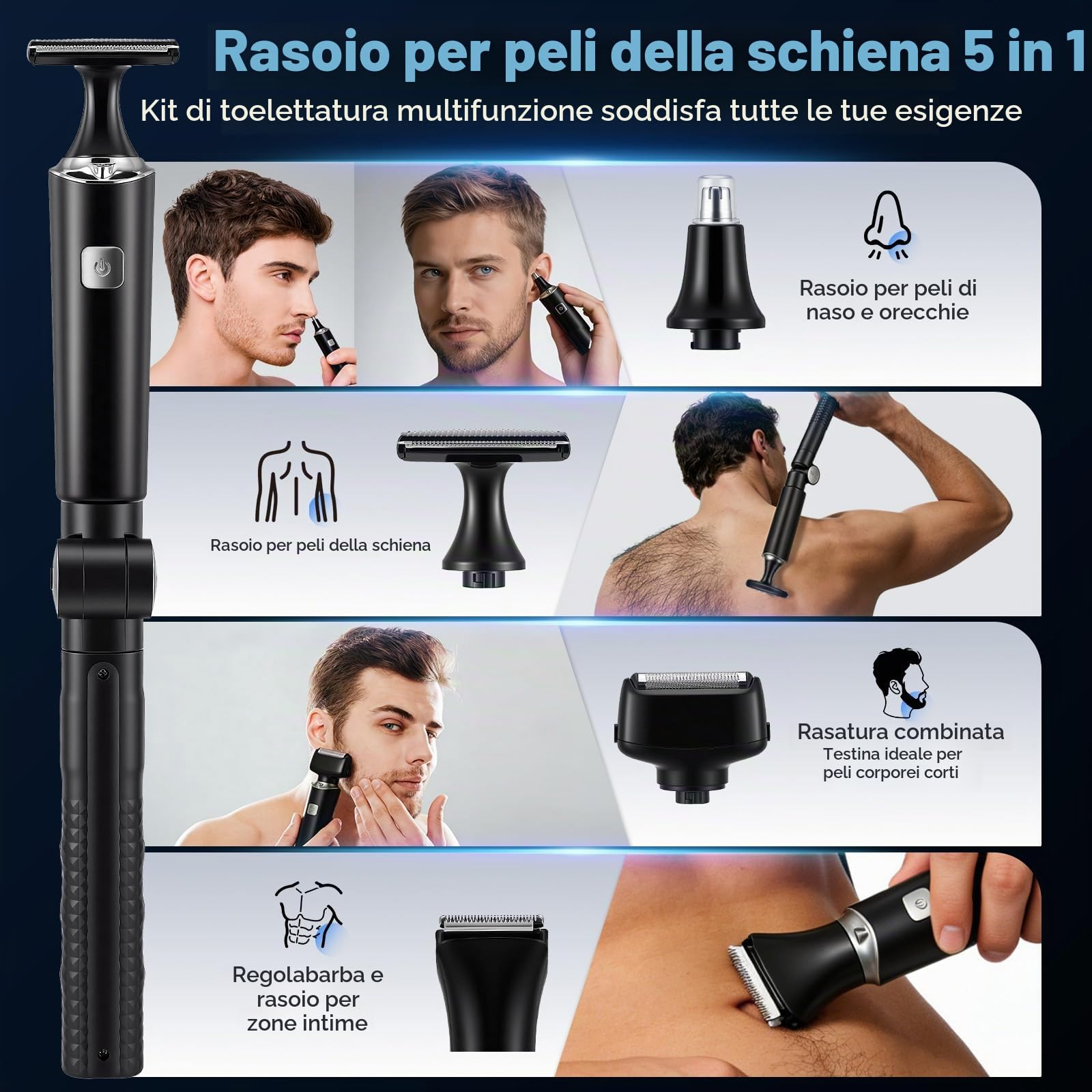 Rasoio Elettrico da Uomo Ricaricabile, 5 in 1 Pilatore Corpo con Maniglia Estesa Pieghevole, Rifinitore per del Corpo da Uomo per Viso Mento Braccio Schiena peli pubici