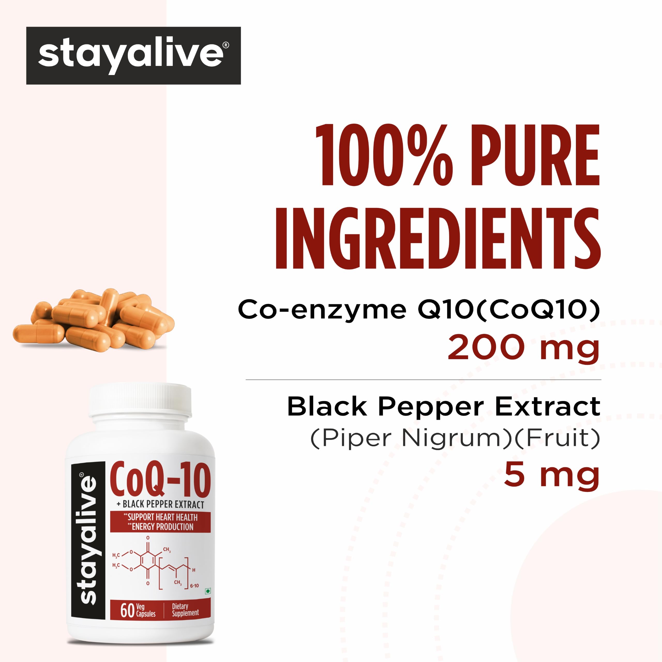 STAY ALIVE CoQ10 Capsules 200mg w/Black Pepper Extract For Men's Fertility, Heart Health & Cellular Function | 60 Coenzyme Q10 Capsules | Non-GMO & Gluten-Free CoQ10 Supplement for Men & Women — Amazon image 4